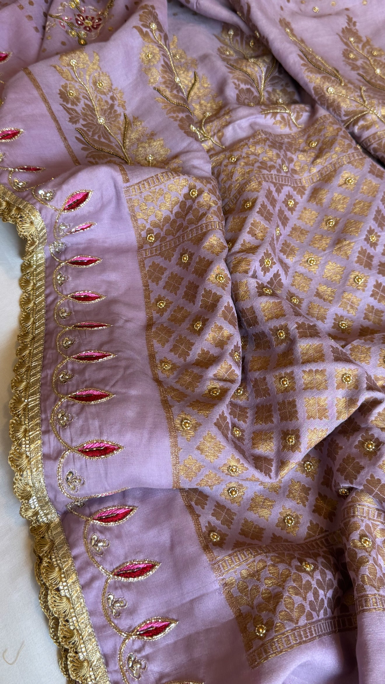 Dusty lilac moonga silk antique zari hand embroidered kadhwa saree