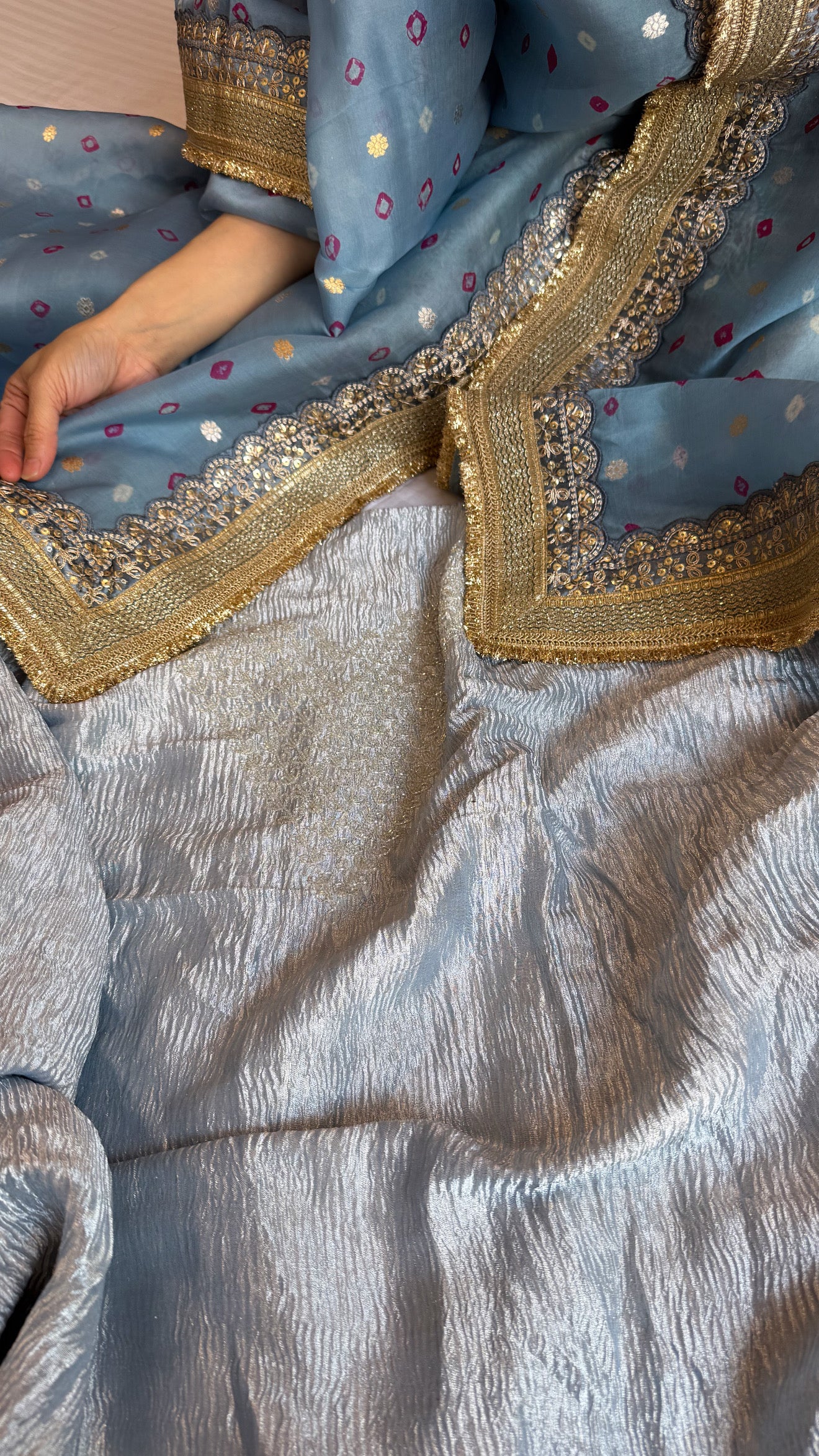 Ice grey diamond tissue crushed silk hand embroidered suit set