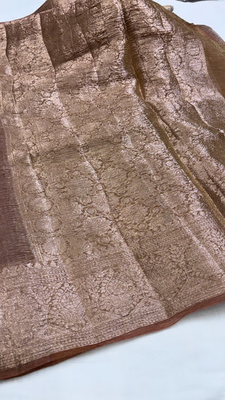 Pure banarasi mud brown crushed tissue silk handwoven kadhwa saree with intricate border and kadhwa blouse