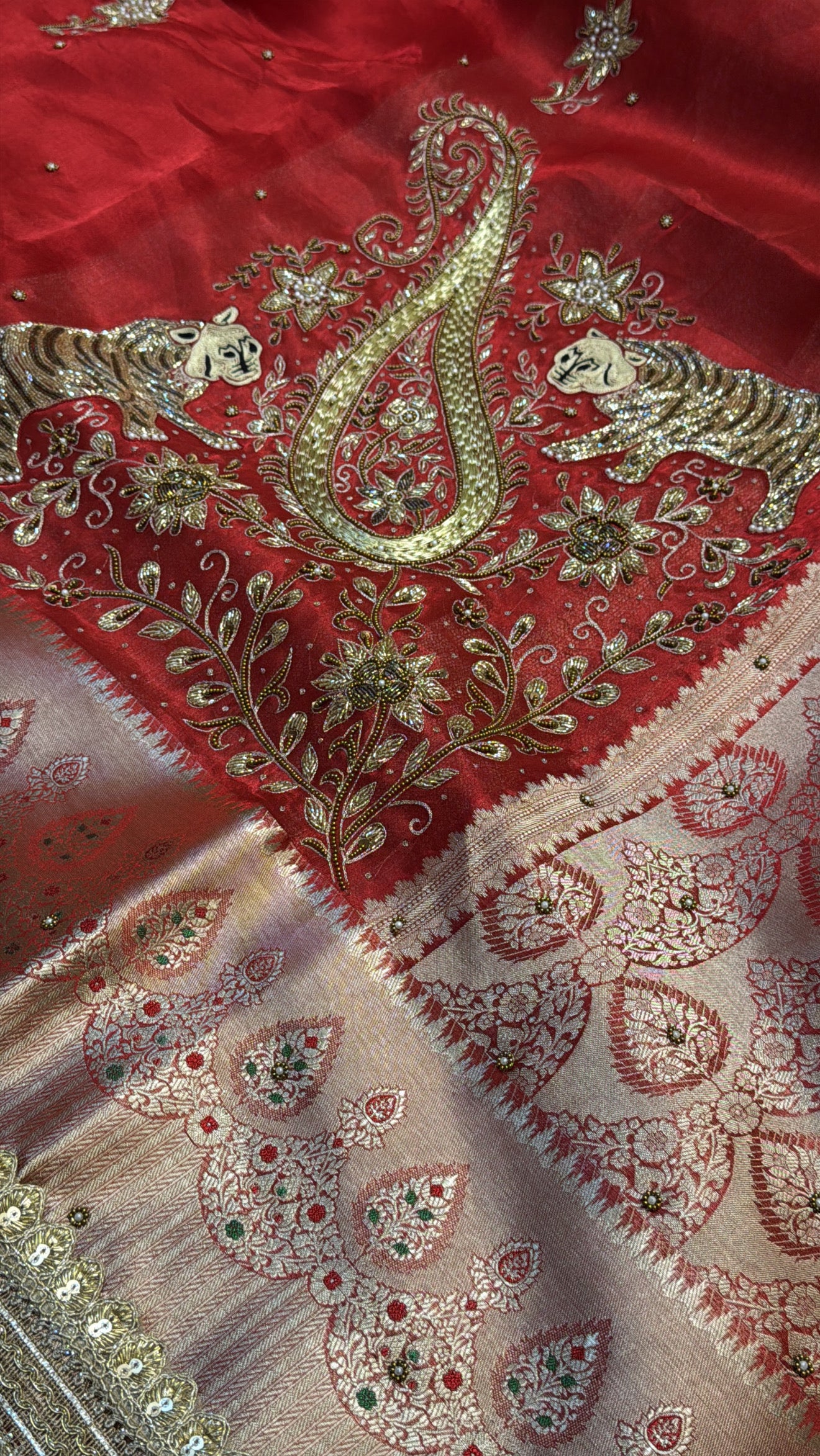 Dulhan ka joda husn red tissue silk hand embroidered saree
