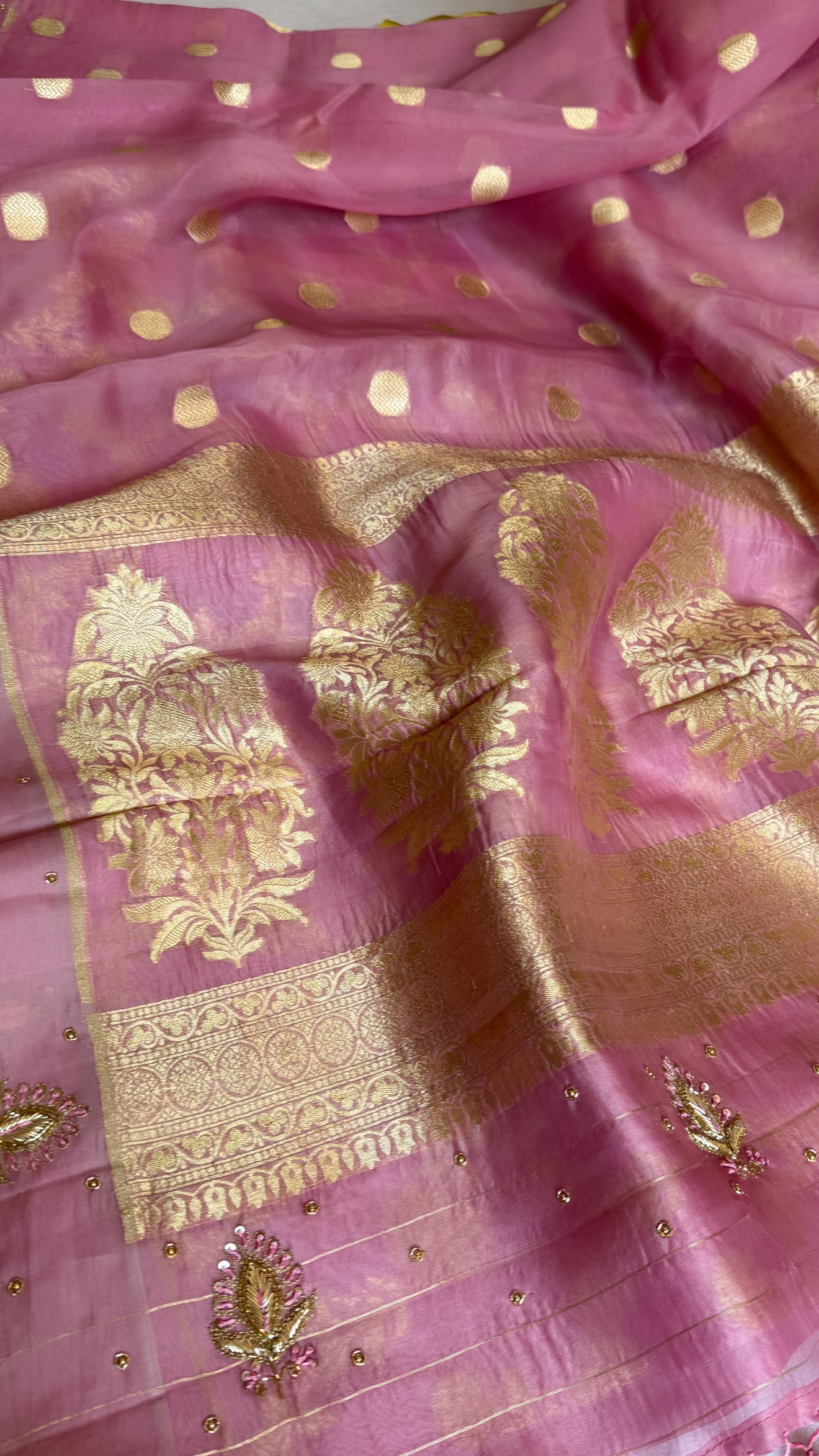 Blush pink banarasi kora silk kadhwa hand embroidered