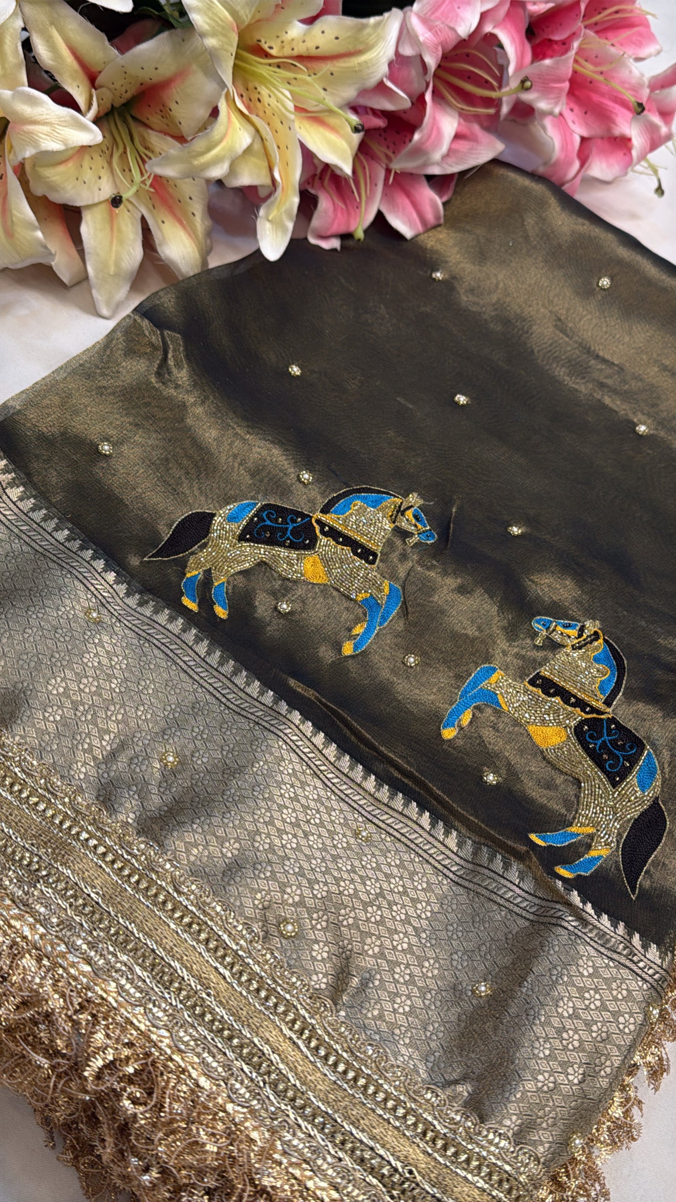 Molten charcoal gold tissue silk horse motif hand embroidered kadhwa saree