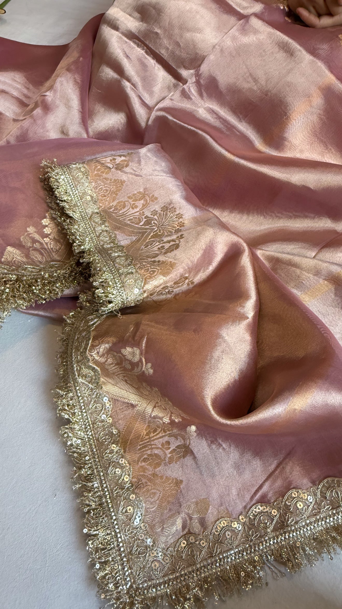 Maharani pastel blush pink tissue silk kadhwa saree