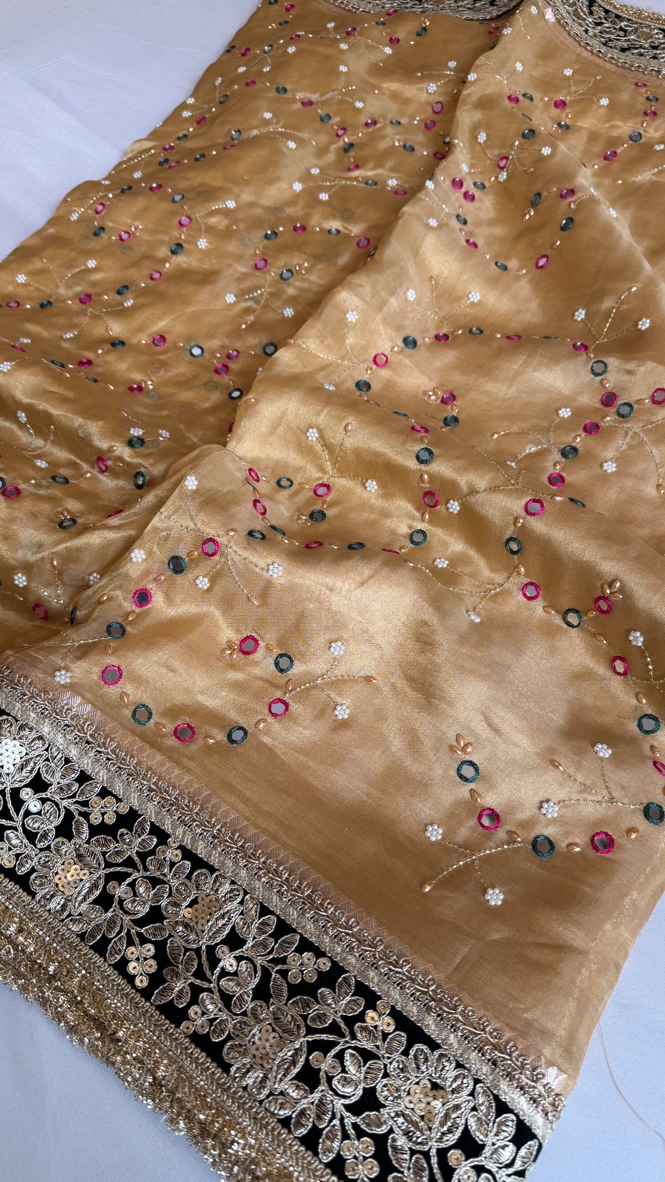 Sheesham edit - Heavy double tissue silk mirror work hand embroidered saree
