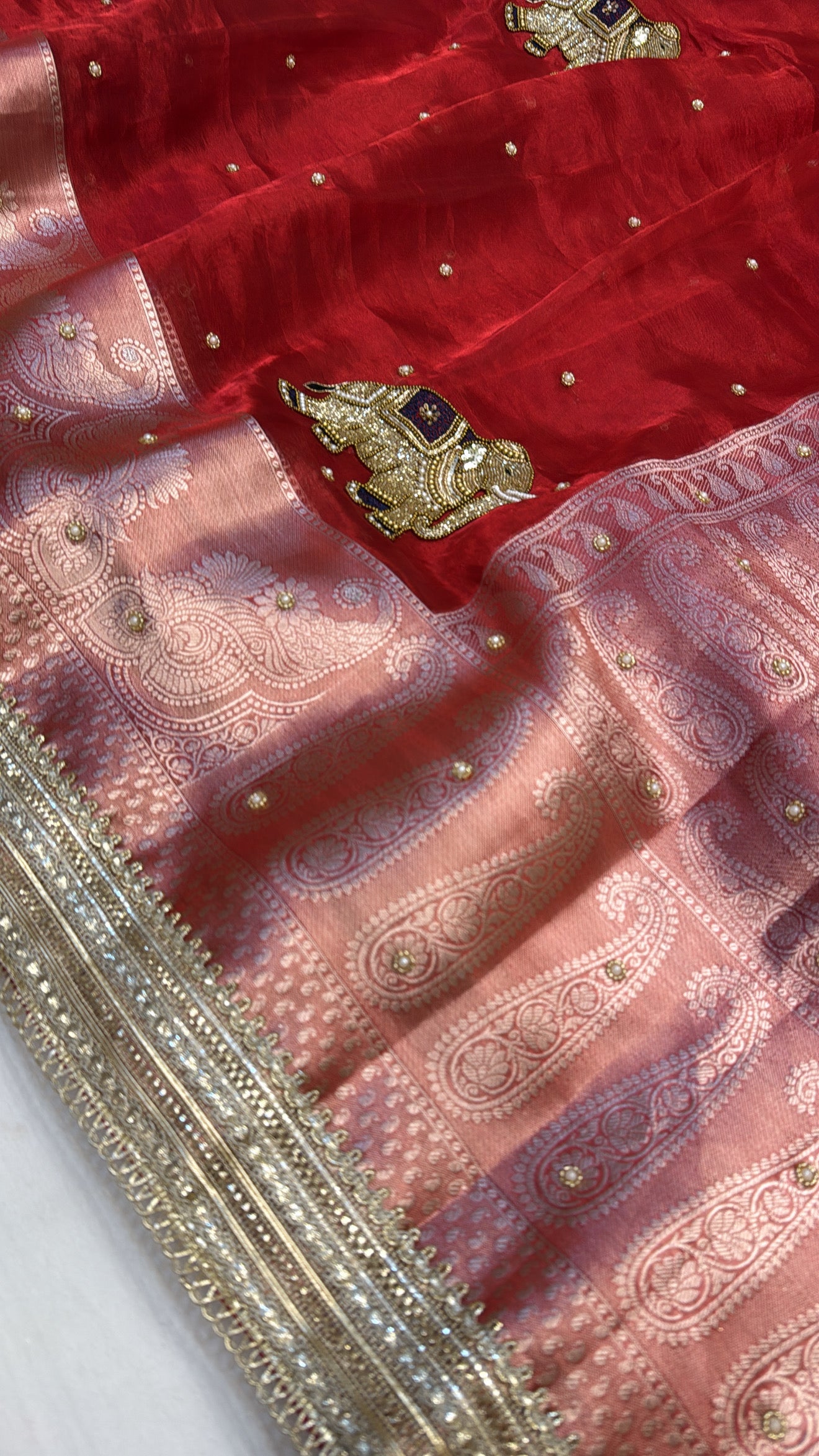 Bridal red husn tissue silk elephant motif hand embroidered saree