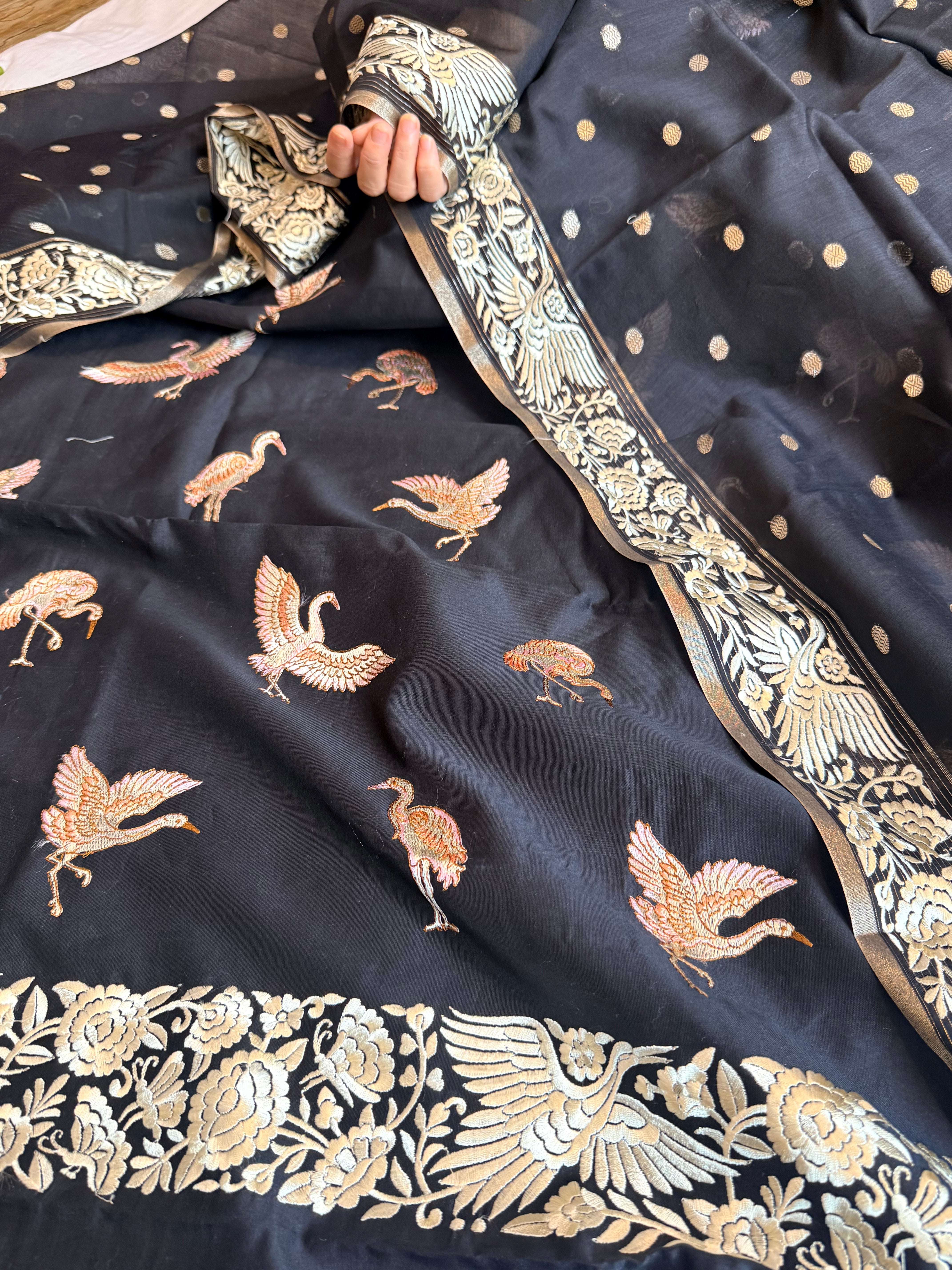 Mul chanderi cotton silk flamingo motif parsigara hand embroidery suit set
