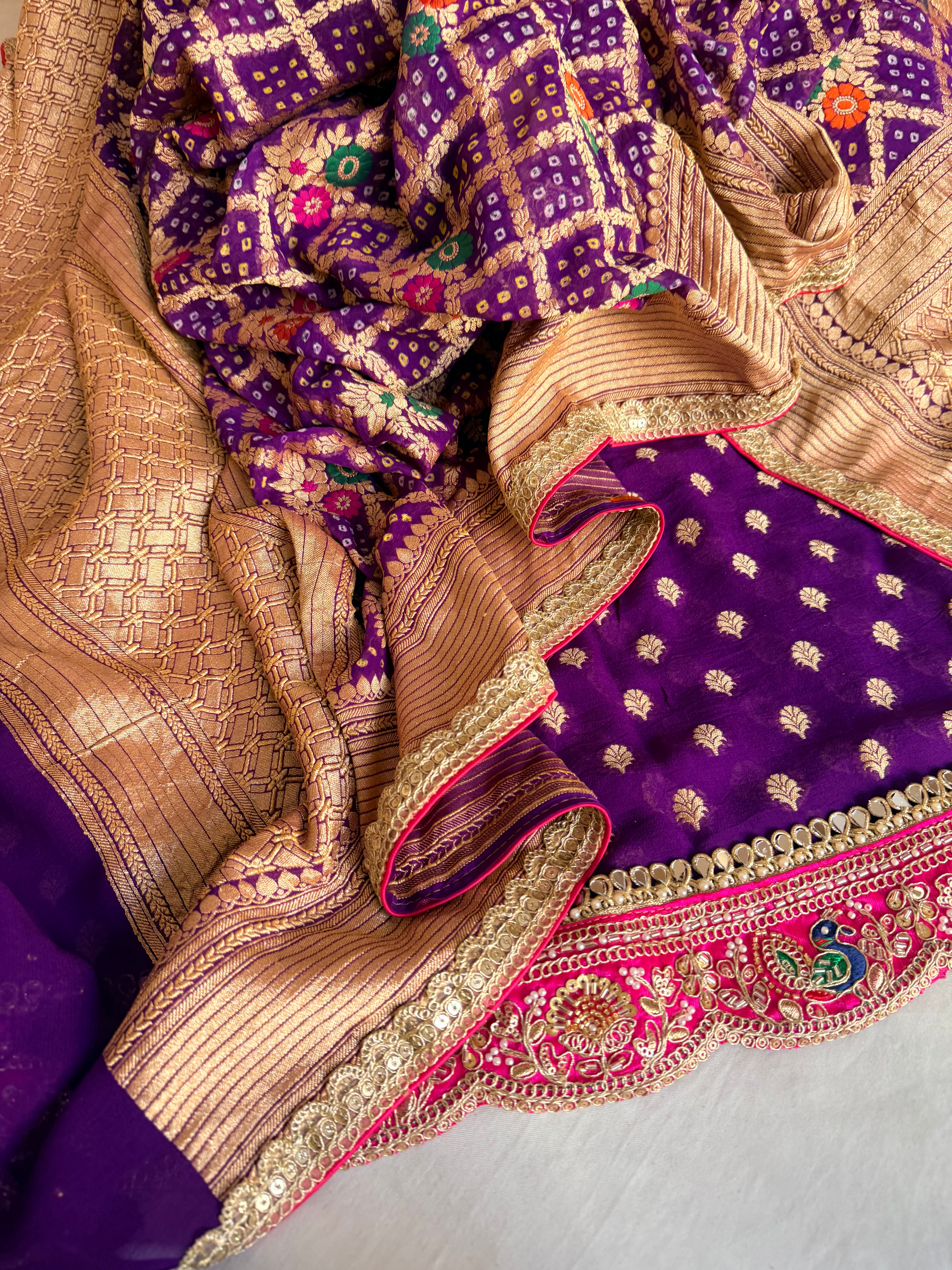 Rai bandhej bridal purple banarasi chiffon gorgette gotapatti suits