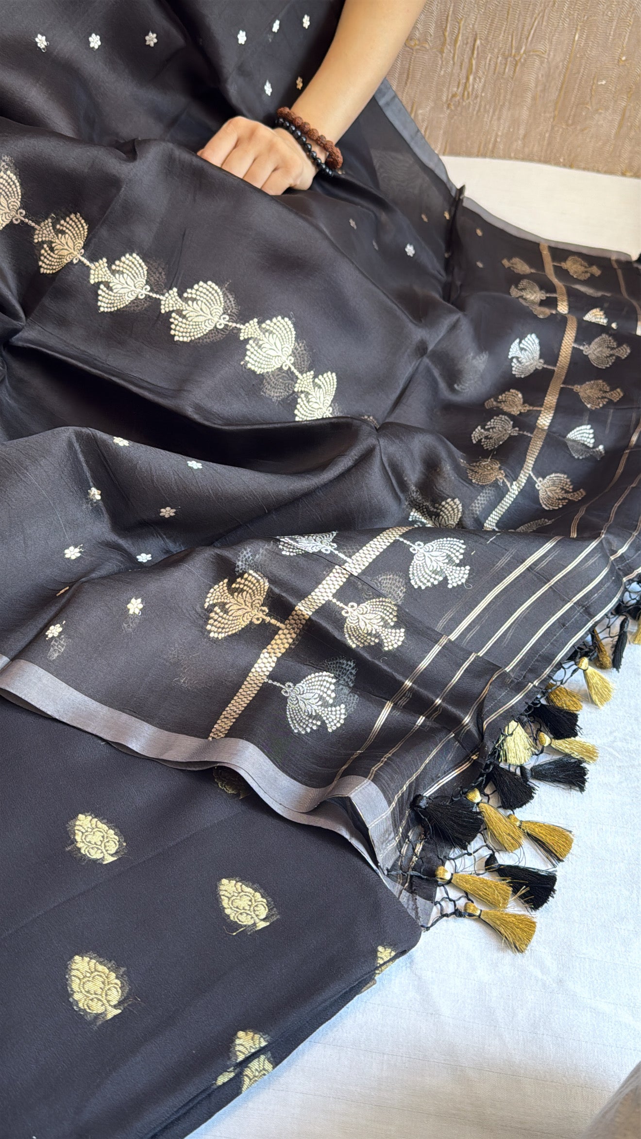 Charcoal black banarasi moonga silk kadhwa suit set