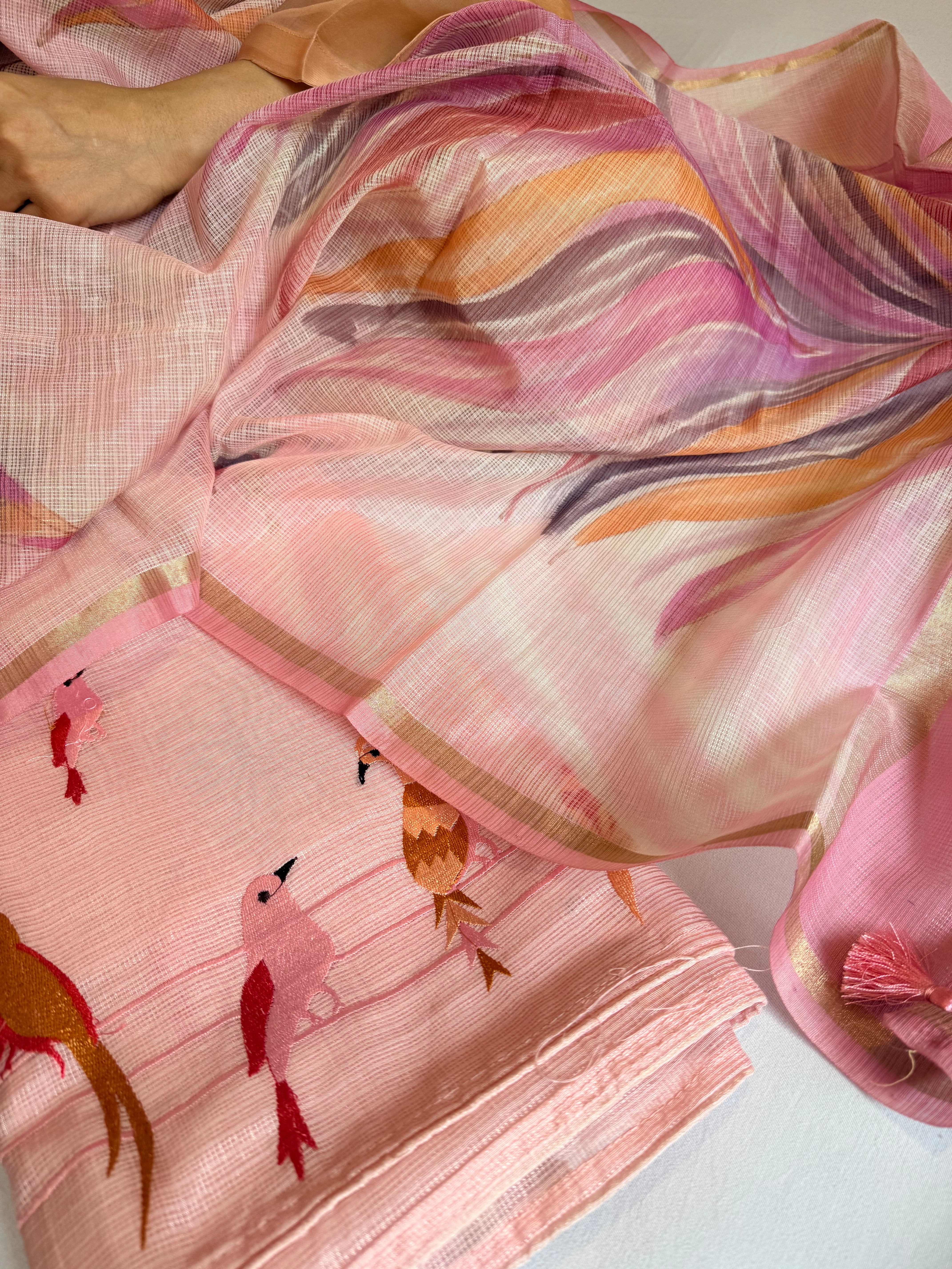 BELOW 8K - Peachy pink cotton kota silk resham work banarasi suit set