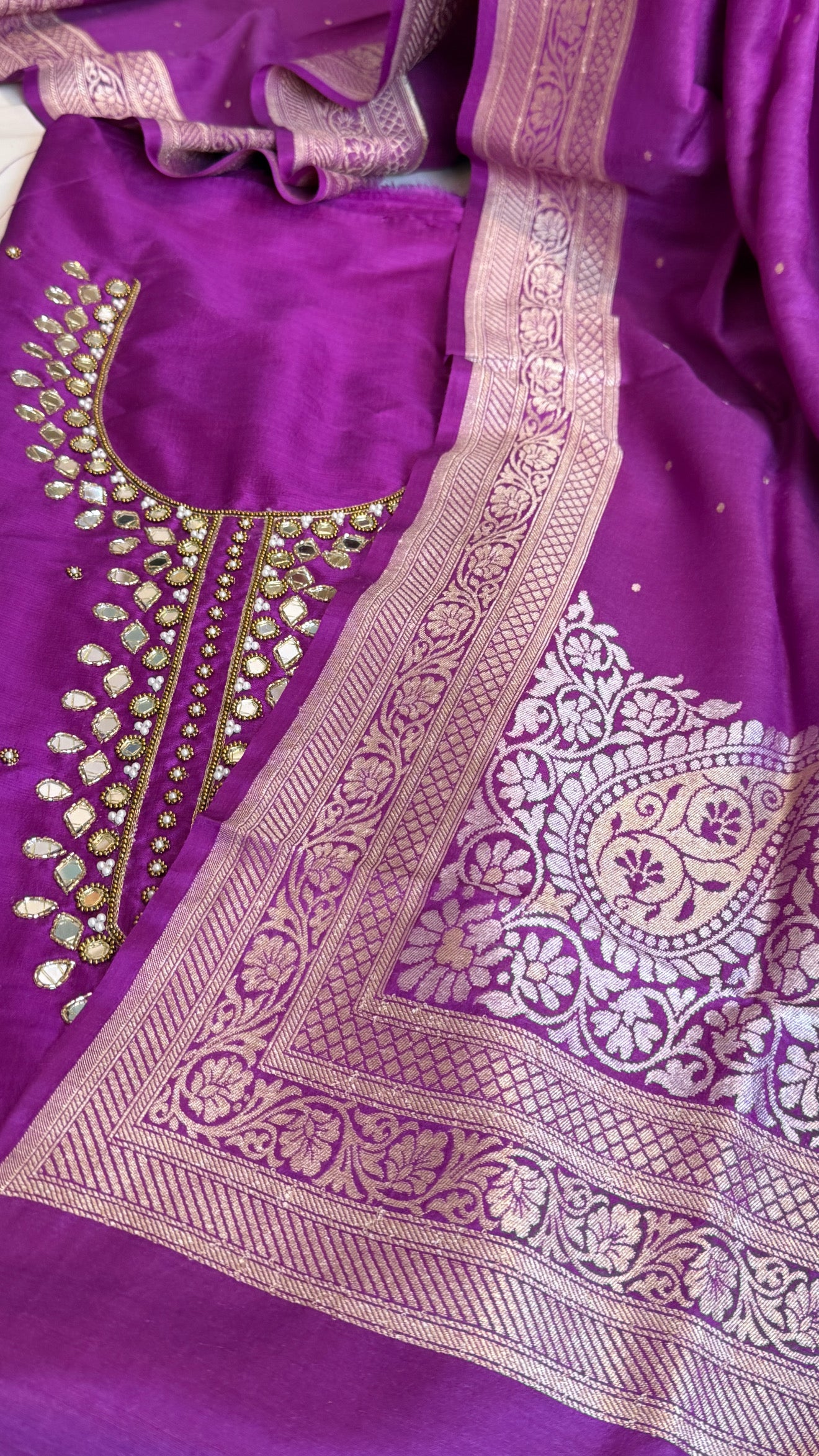 Sheesham deep purple mirror work hand embroidered katan silk kadhwa suit set