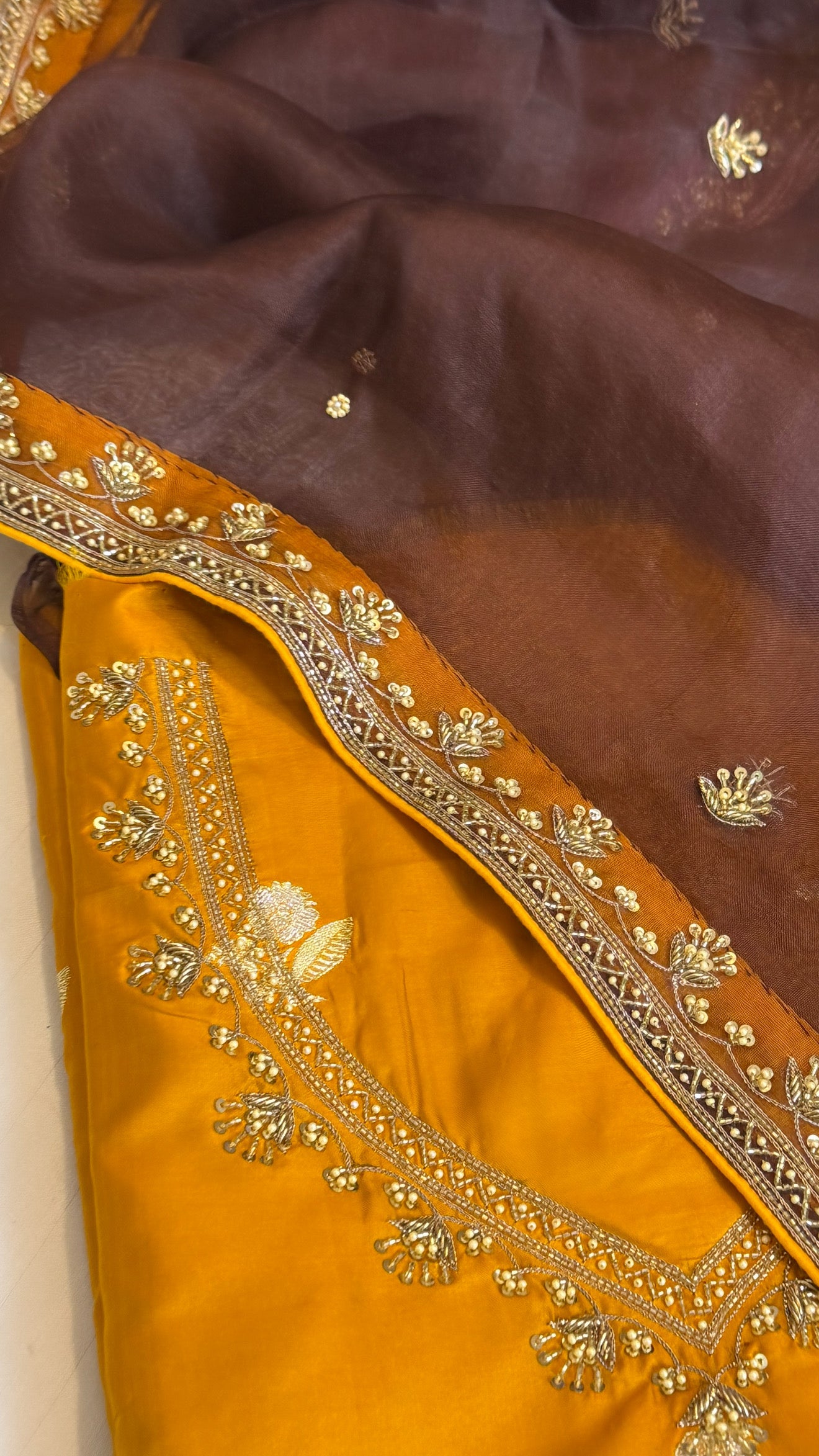 Olive mustard - brown shade katan silk hand embroidered kurta paired with kora silk zardozi duppata