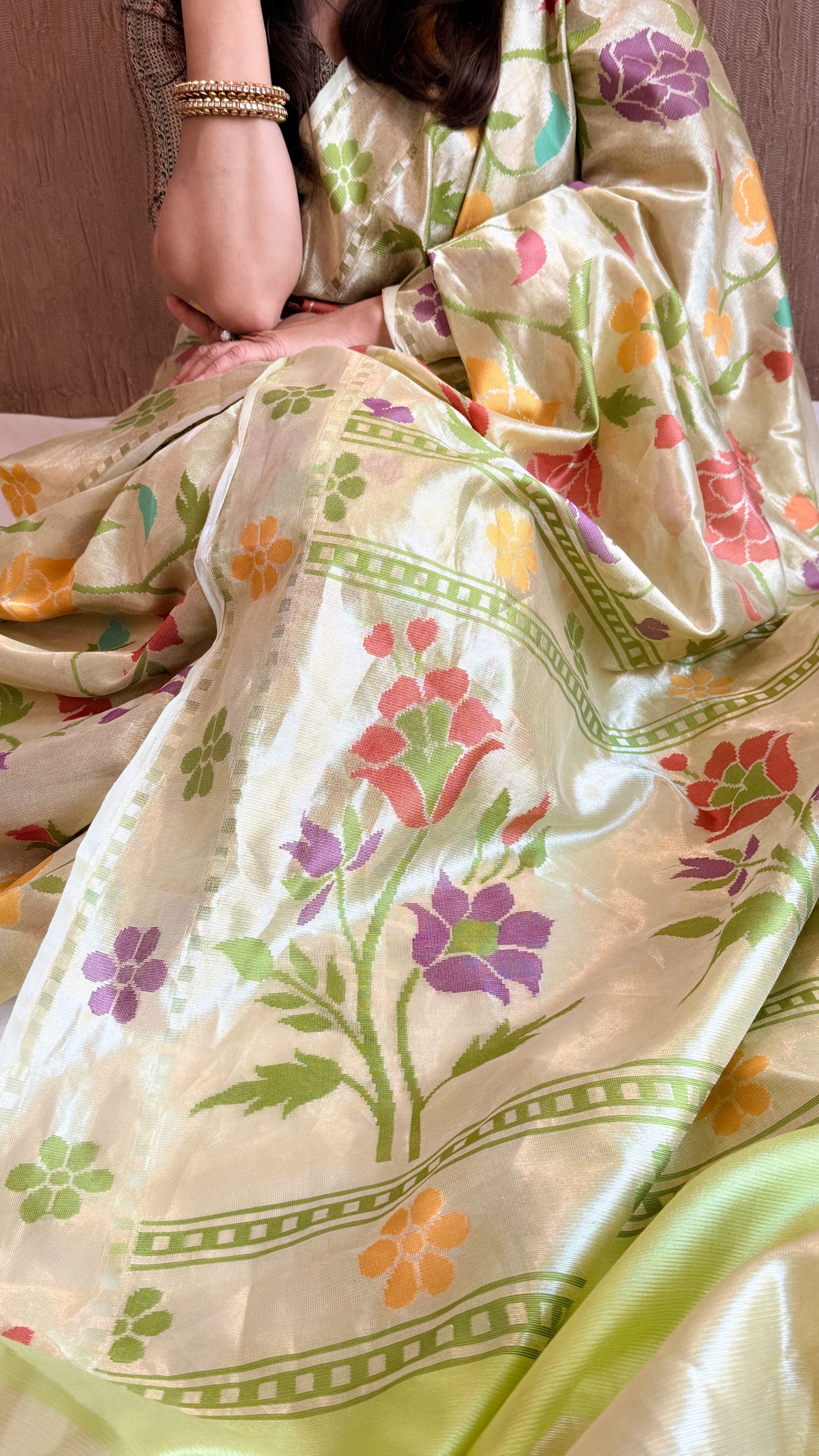 Silk net tissue edit - Banarasi green tissue silk net kadhwa paithani weaving saree