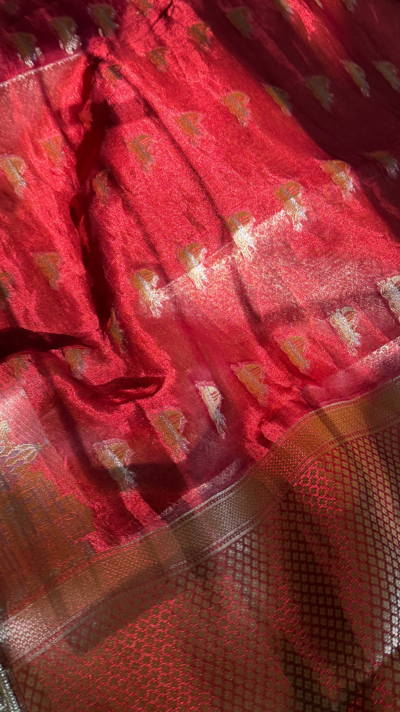 Teej Special - Banarasi ghat buti tissue silk mulberry red kadhwa saree