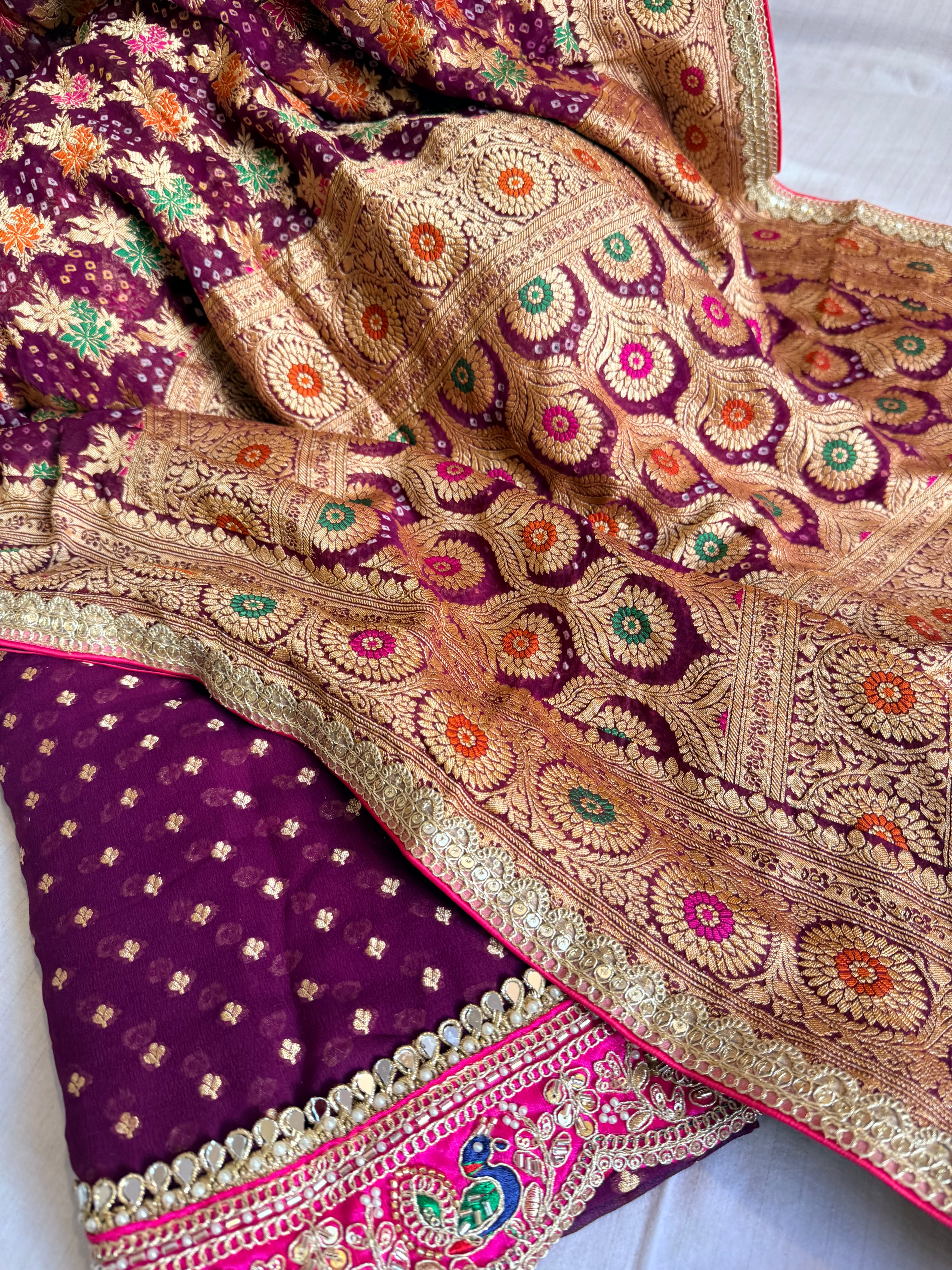 Rai bandhej brinjal purple banarasi chiffon gorgette gotapatti suits