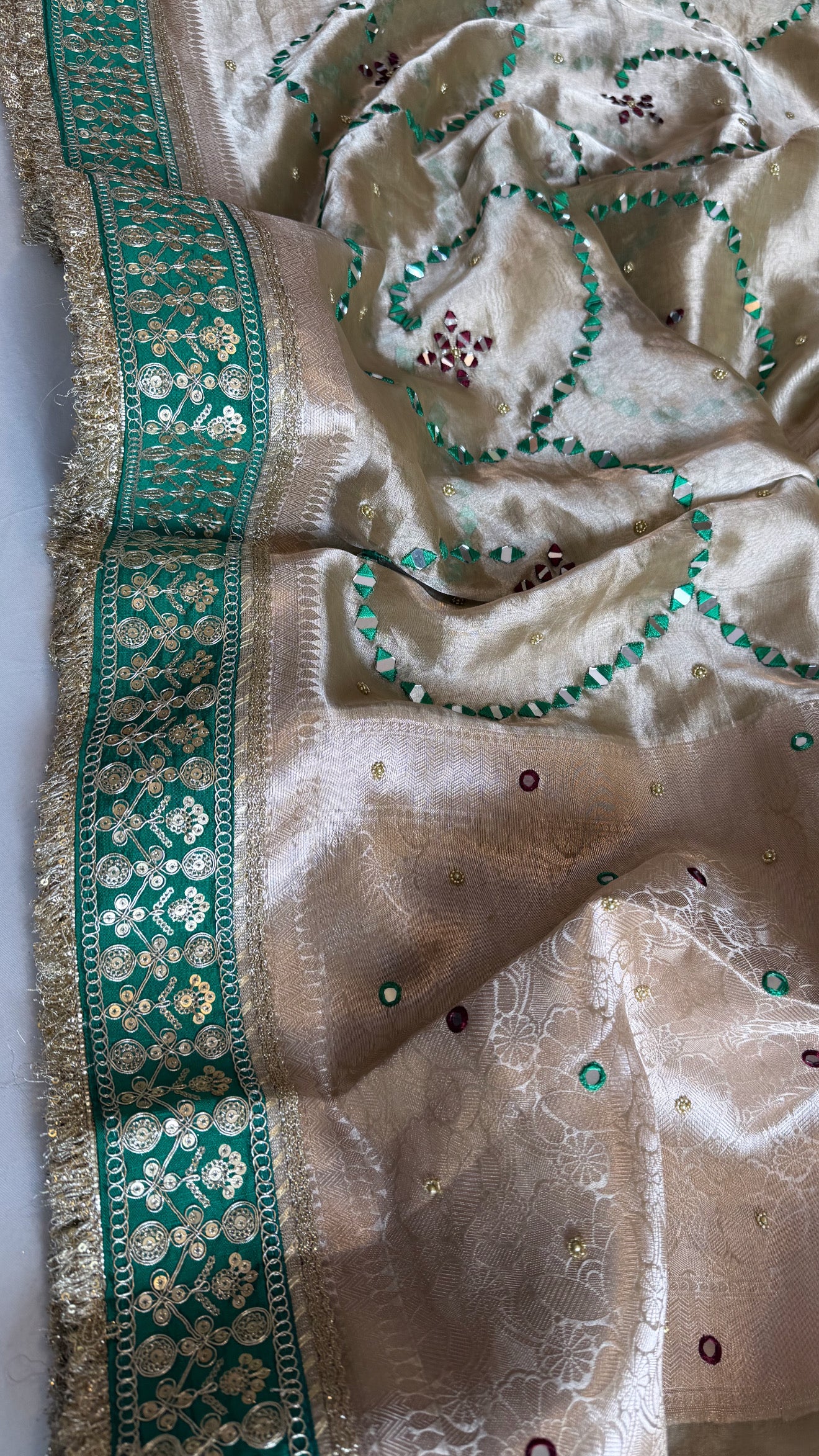 Sheesham edit - Heavy double tissue silk mirror work hand embroidered saree