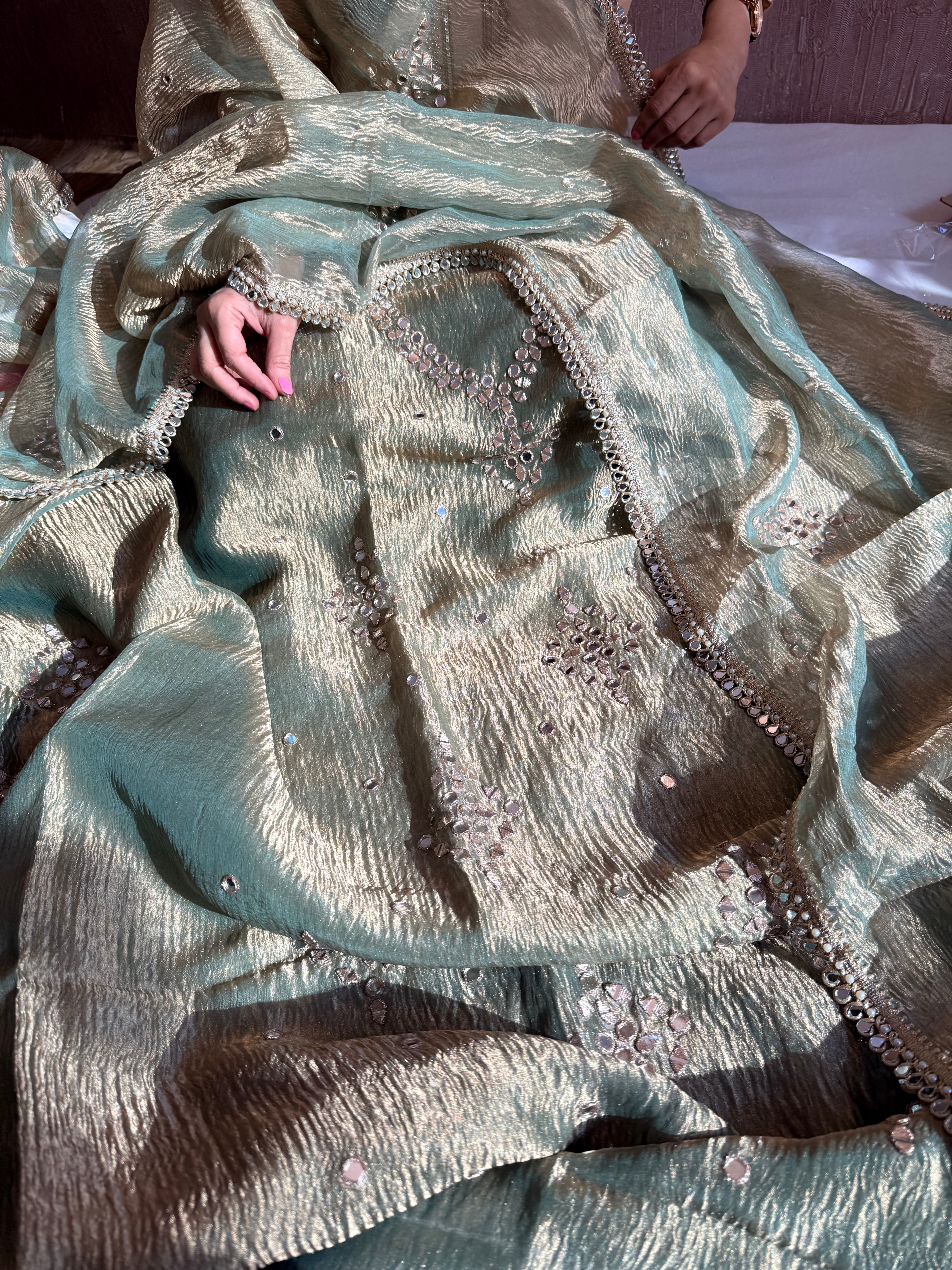 Banarasi tissue silk mirrorwork hand embroidered crushed suit sets