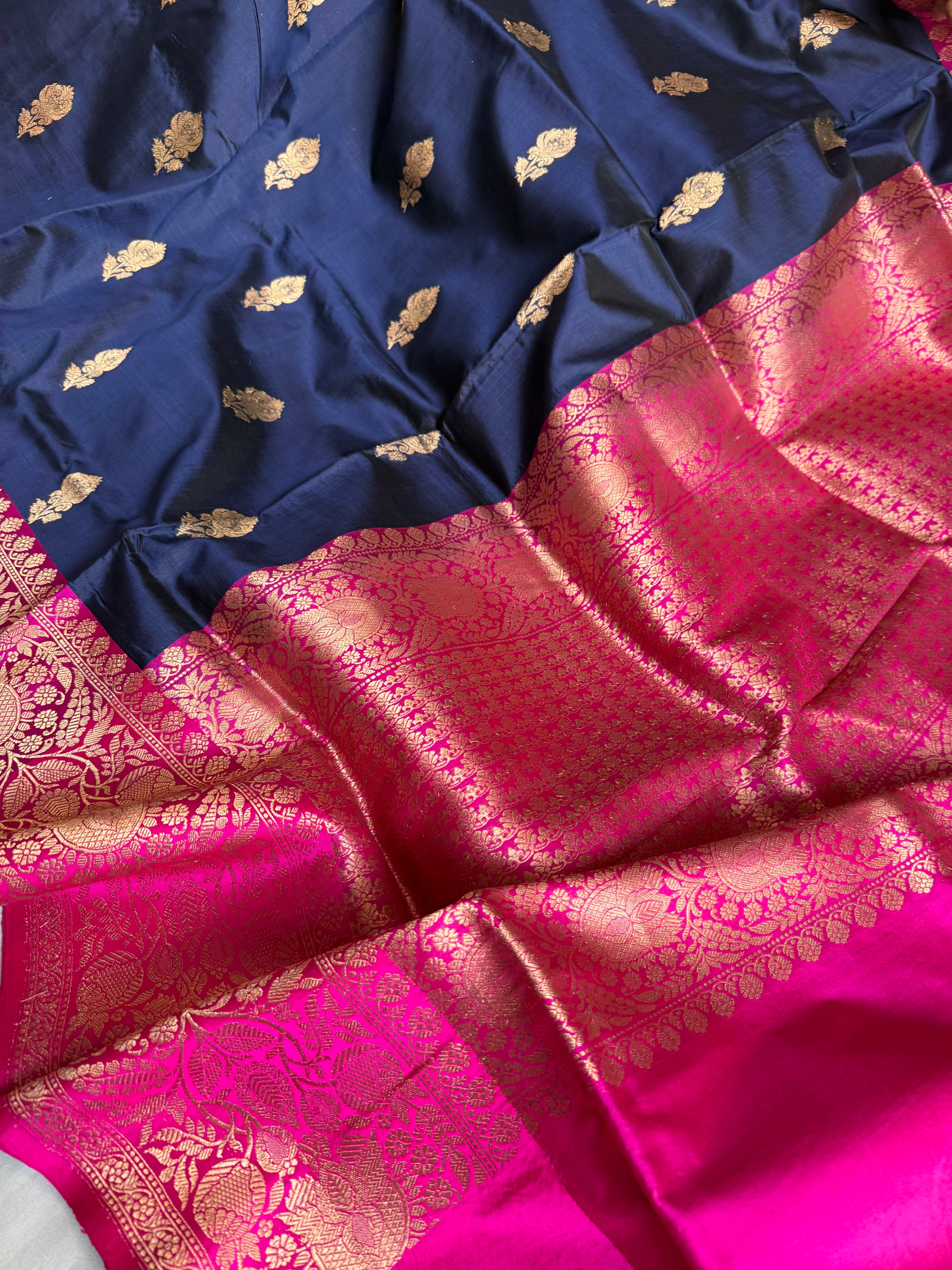 Navy blue-rani pink contrast combination katan silk kadhwa saree
