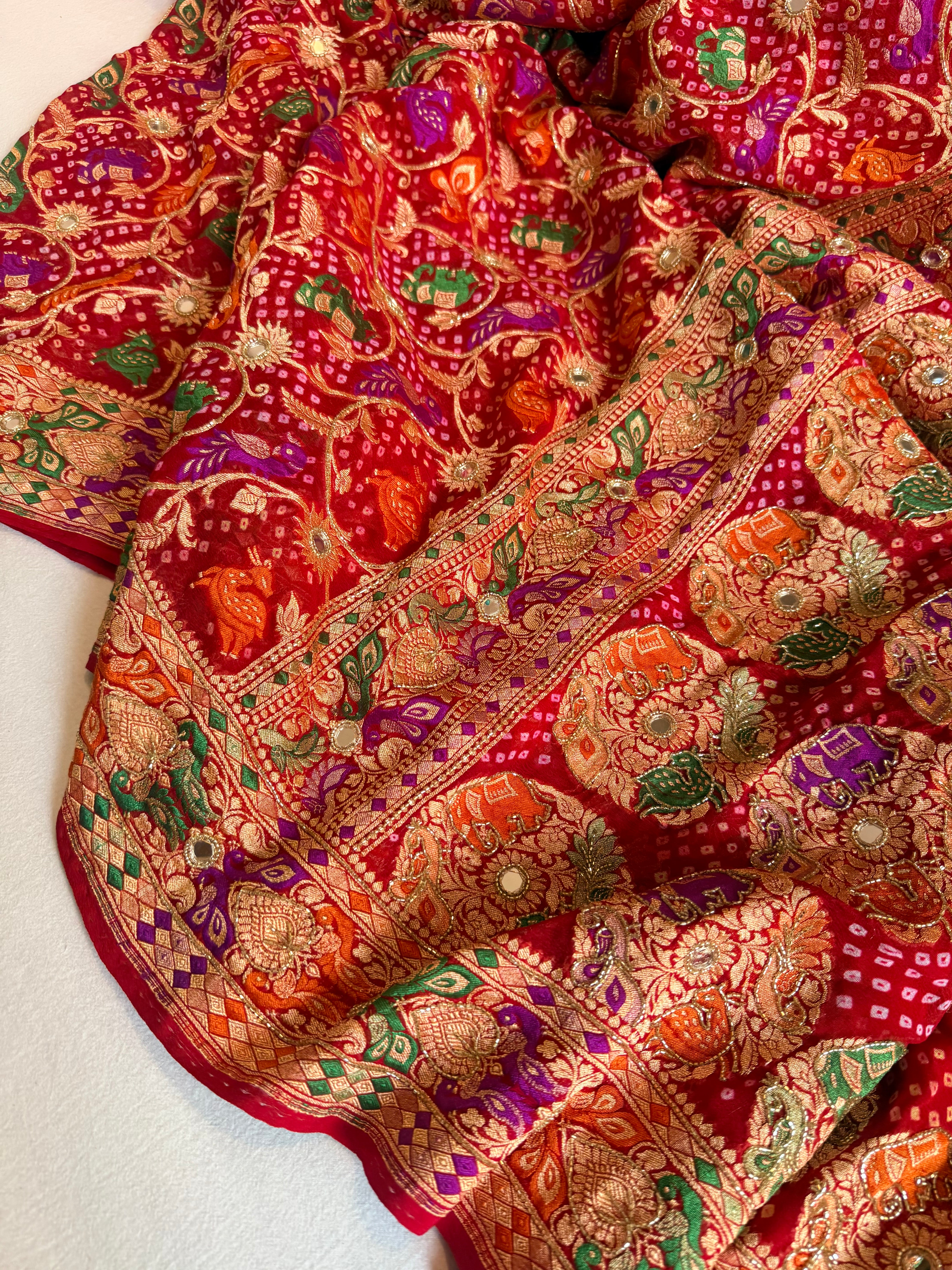 Banarasi chiffon gorgette rai bandhej kadhwa weaving hand embroidered saree