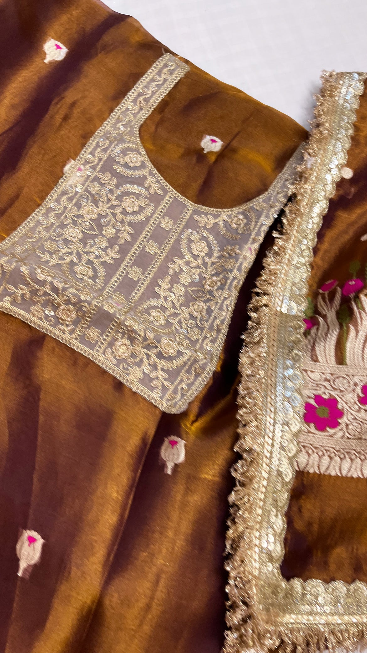 Heeramandi molten gold tissue silk meenakari suit set