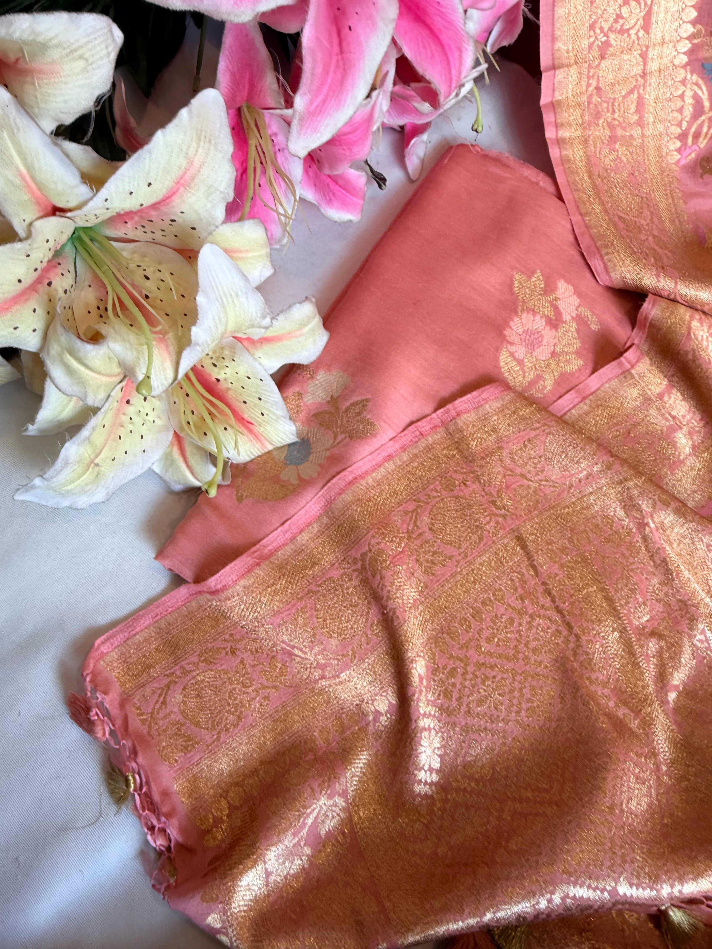 Banarasi blush peach moonga silk kadhwa meenakari suit set