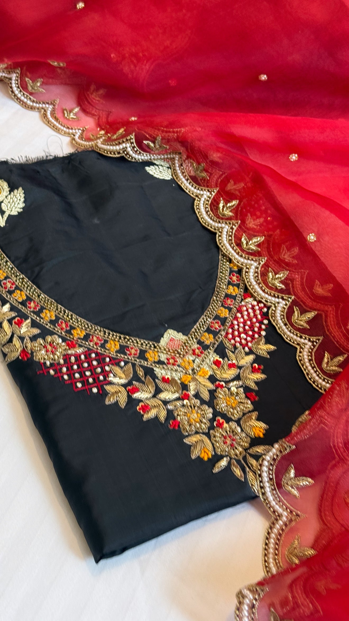 Blood red - black shade katan silk hand embroidered kurta paired with kora silk zardozi duppata