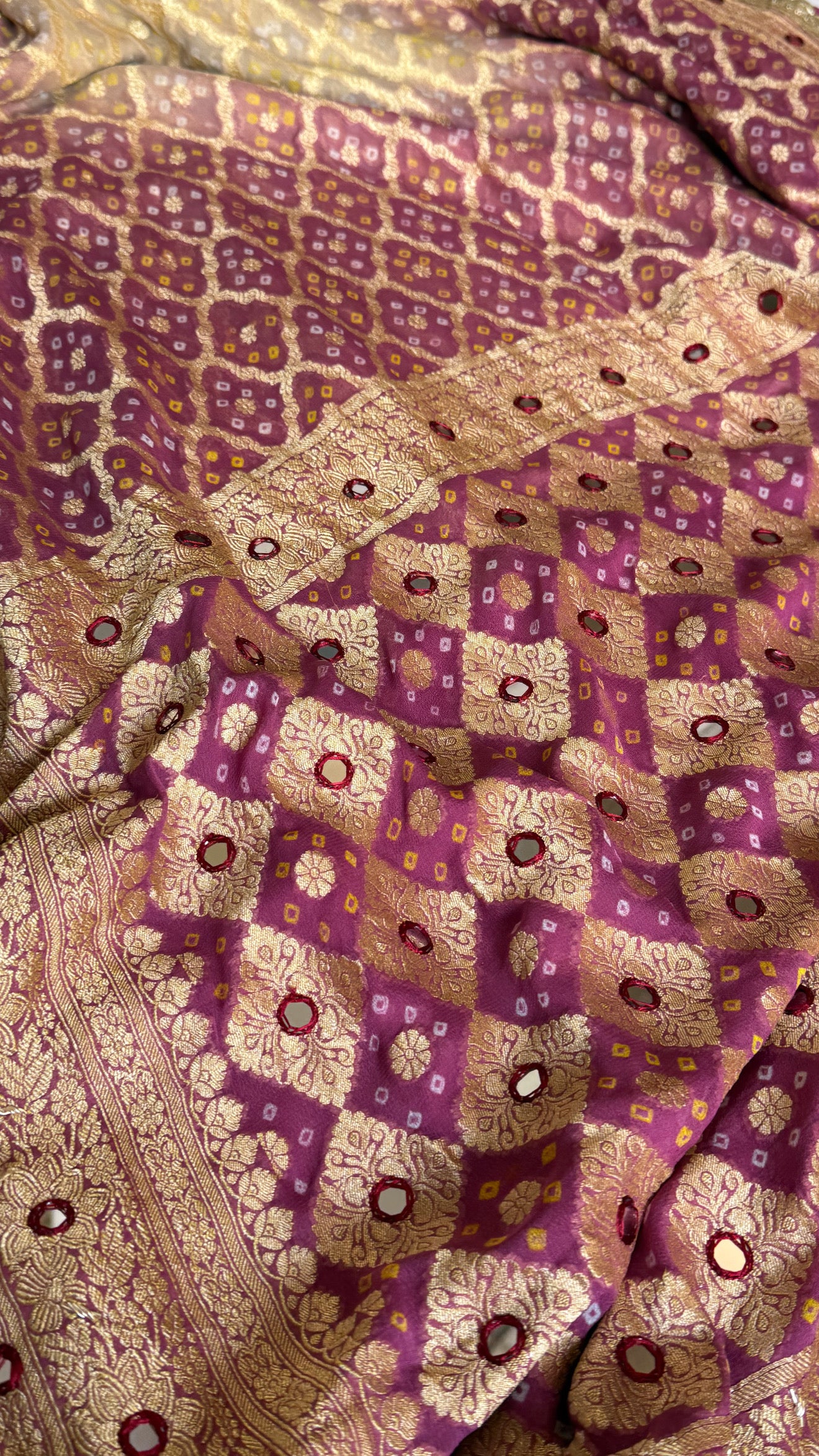 Lotus pink ombre shaded banarasi rai bandhej chiffon gorgette hand embroidered saree