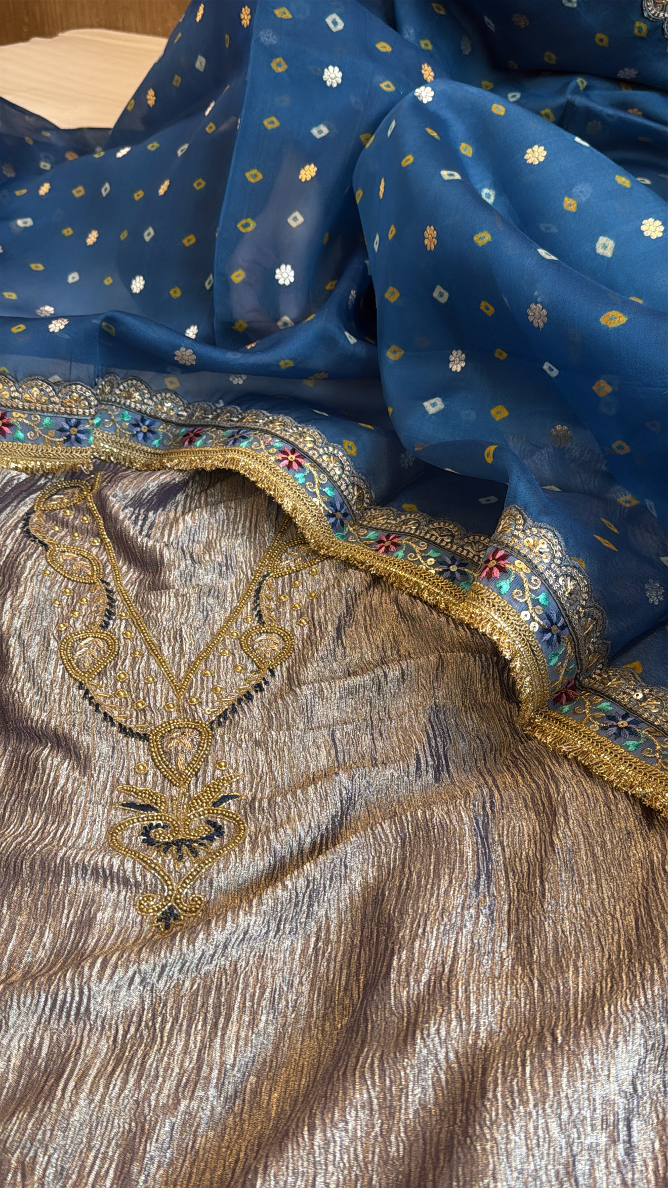 Persian blue crushed tissue silk hand embroidered kadhwa suit set