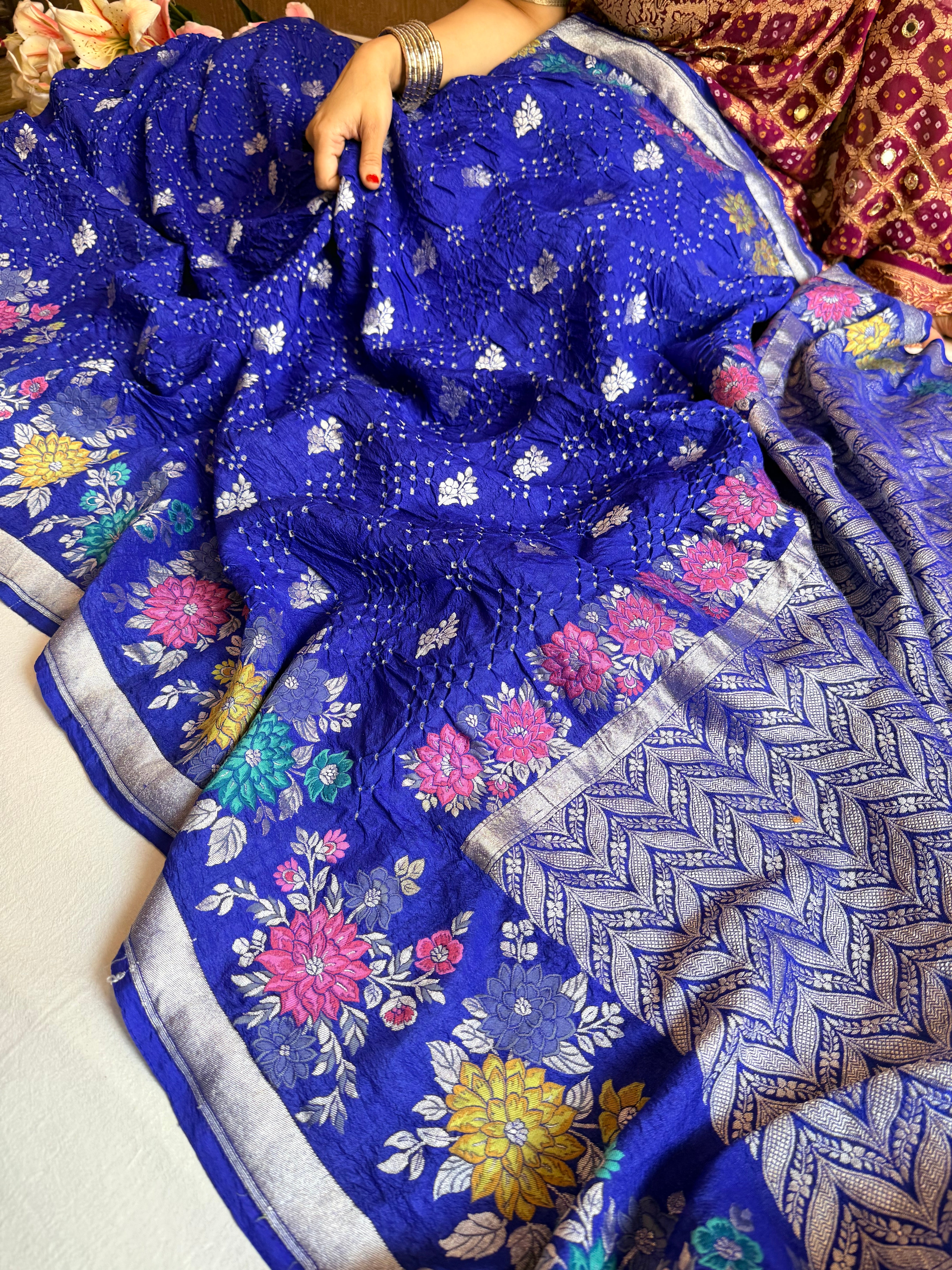 Banarasi tussar silk rai bandhej ink blue meenakari kadhwa saree