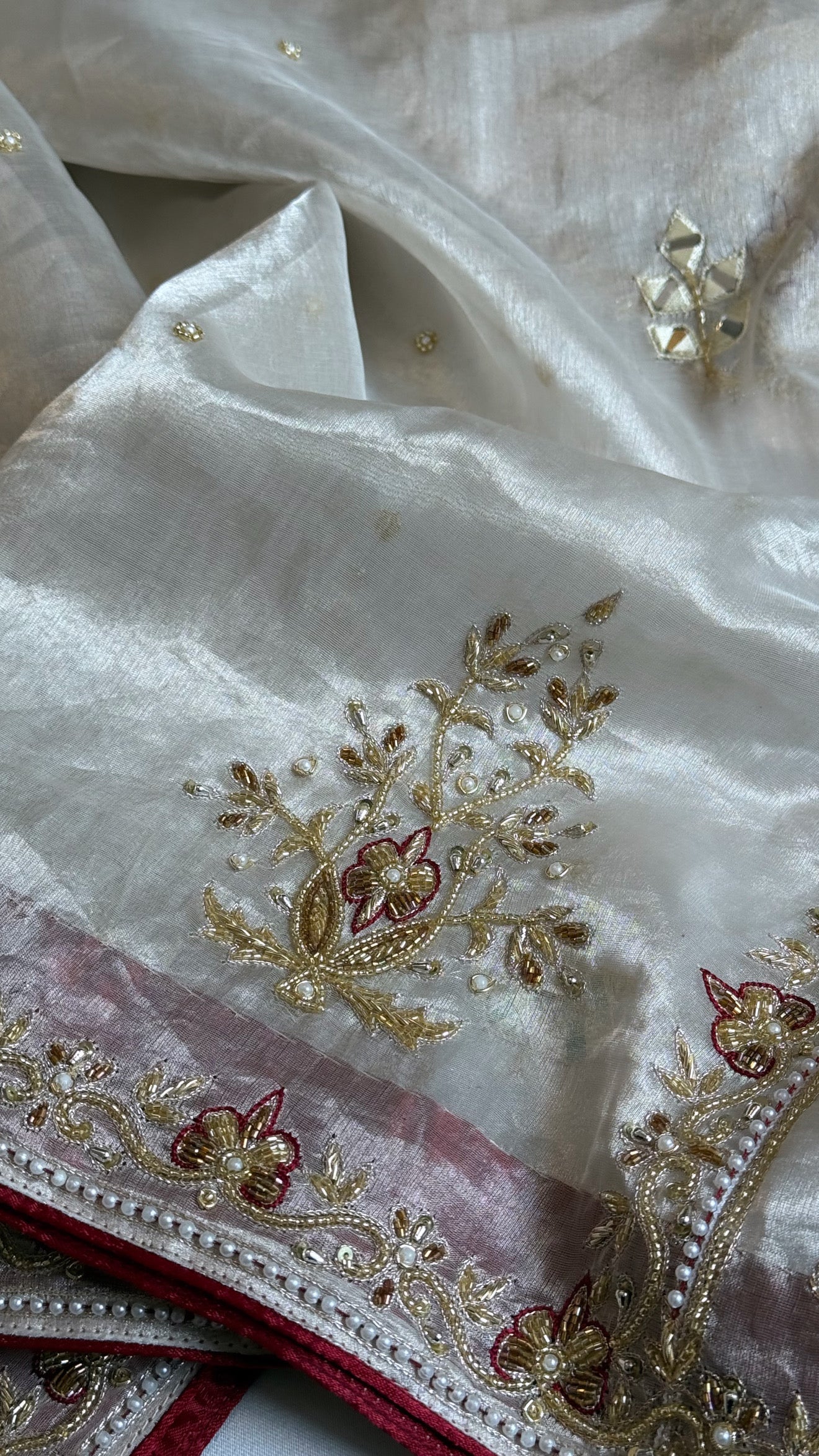 Radhika merchant inspired shreenathji motif diamond tissue silk hand embroidered saree