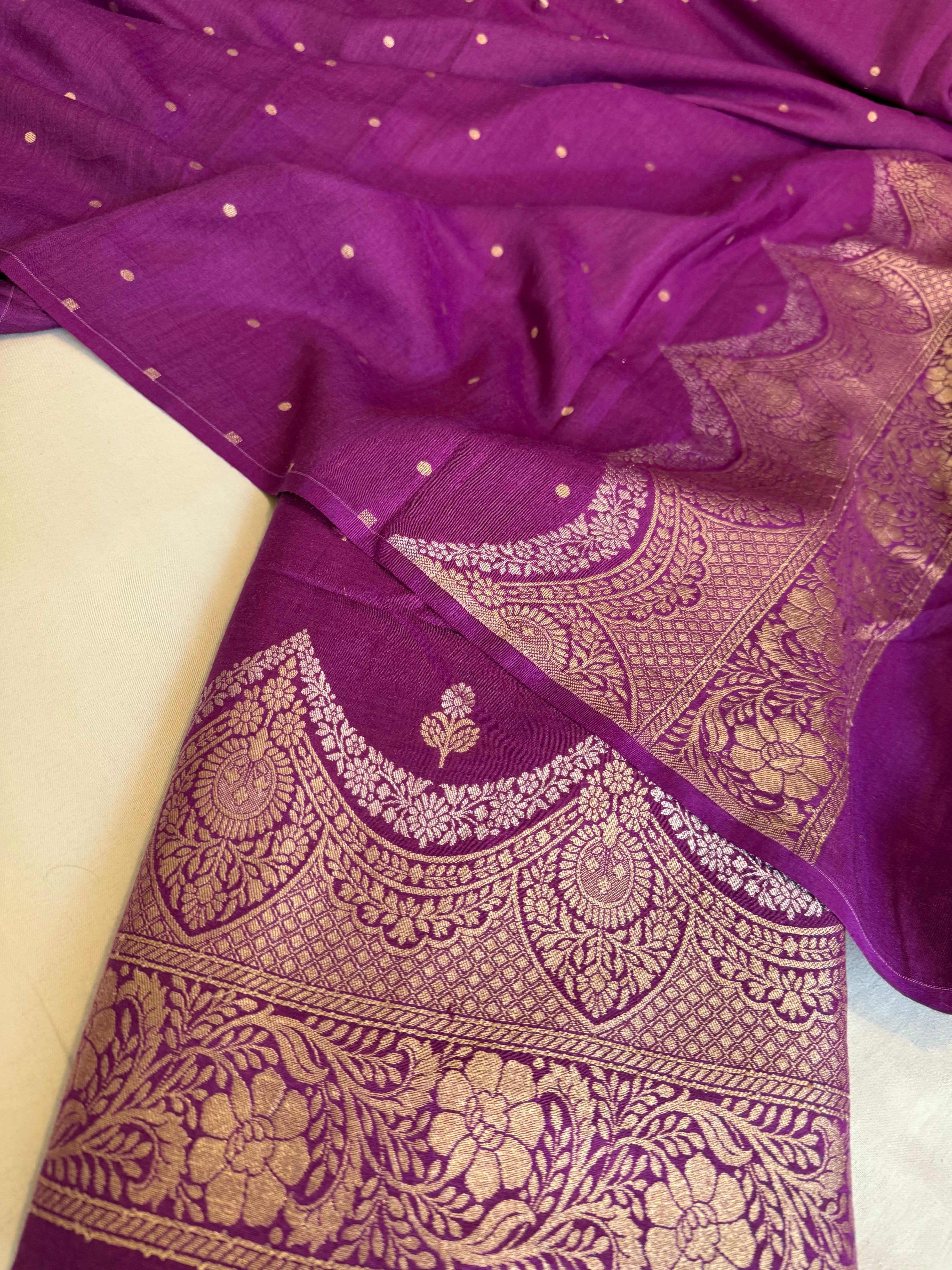 Moonga silk purple scalloped border weaving kadhwa suit set