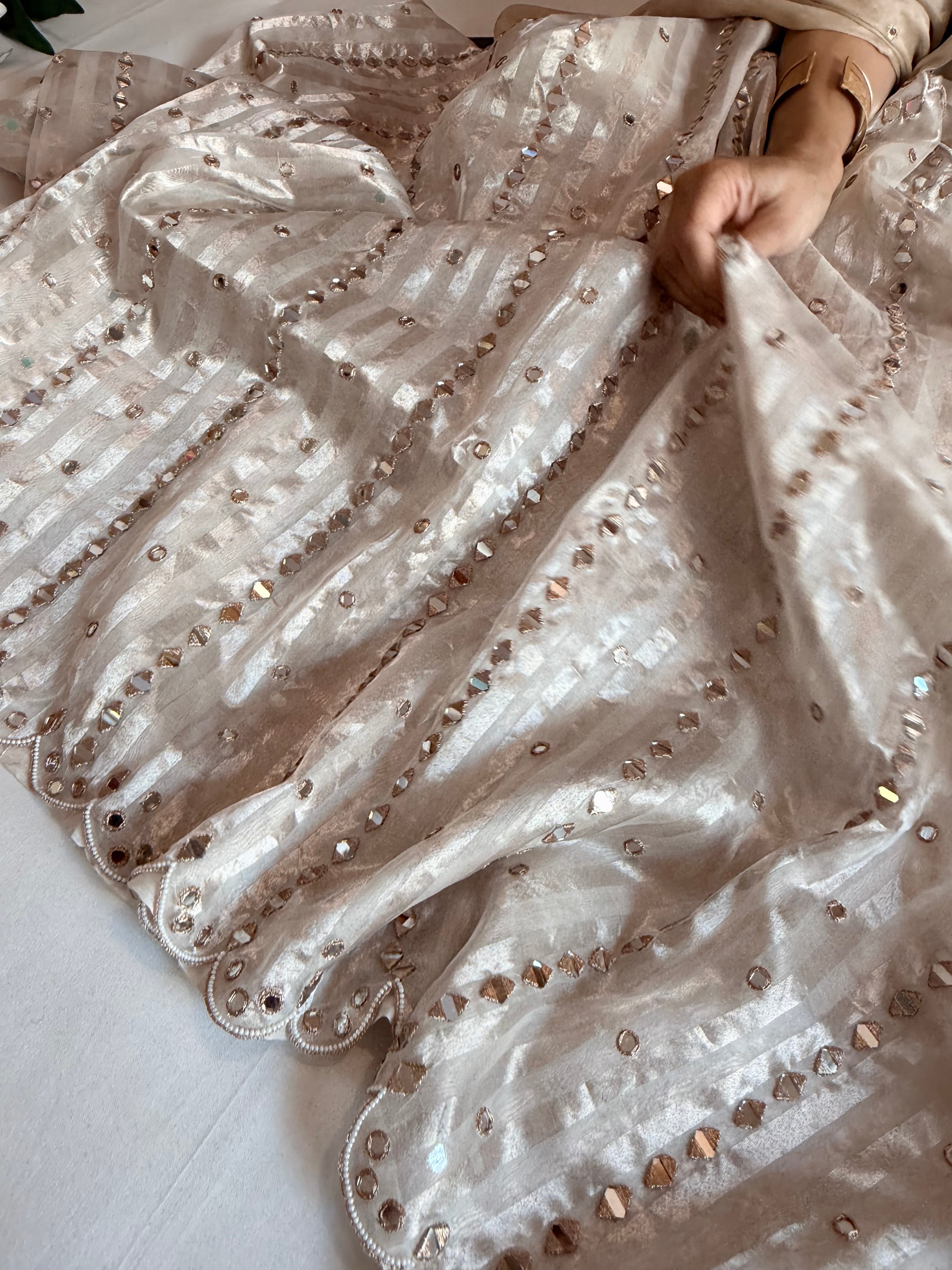 Diamond tissue silk zari stripes mirror work hand embroidered kadhwa saree