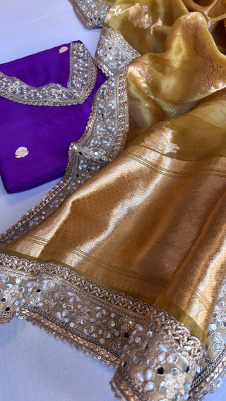 Banarasi purple-olive gold kora silk gotapatti kadhwa suit sets