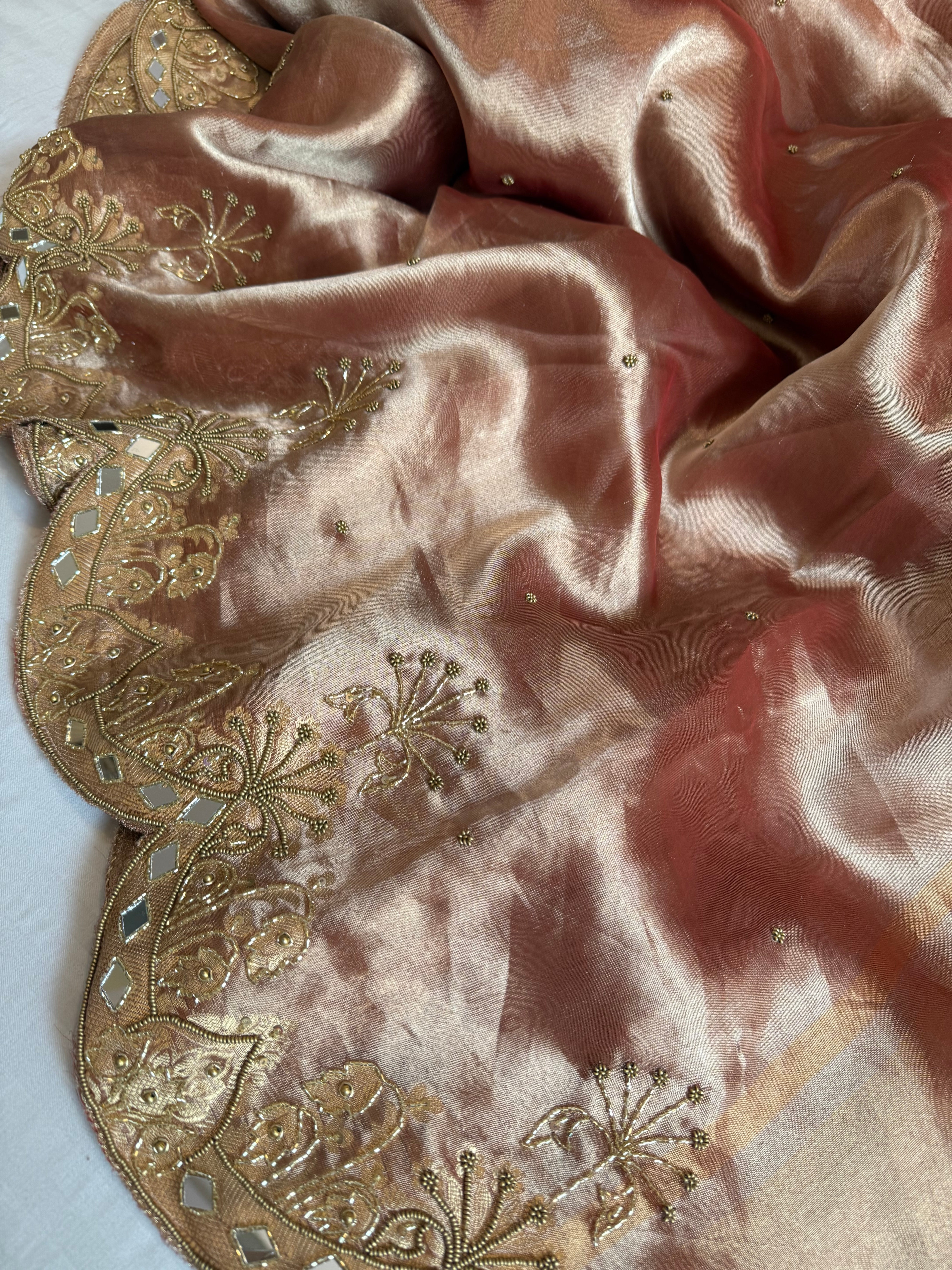 Husn cherry peach tissue silk heavy zardozi hand embroidered saree