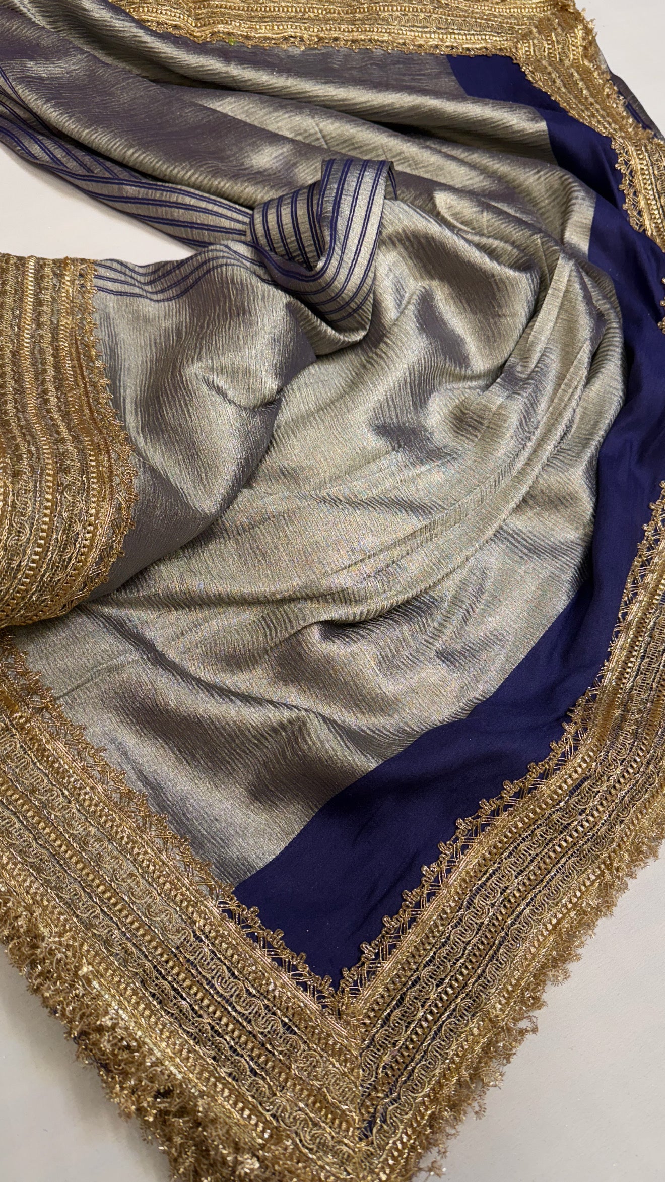 Moonga crushed tissue silk navy blue saree