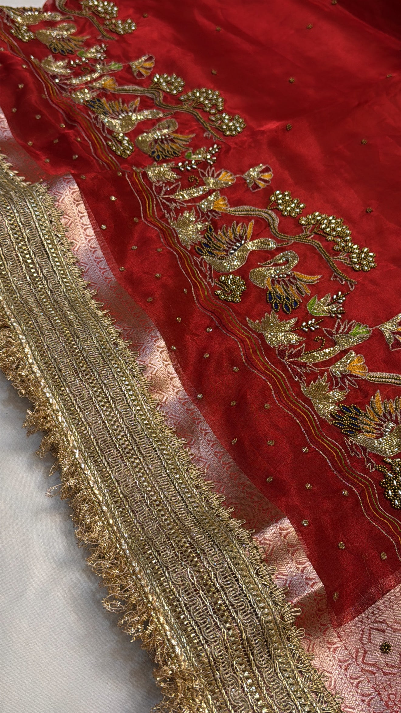 Dulhan ka joda red tissue silk hand embroidered kadhwa saree