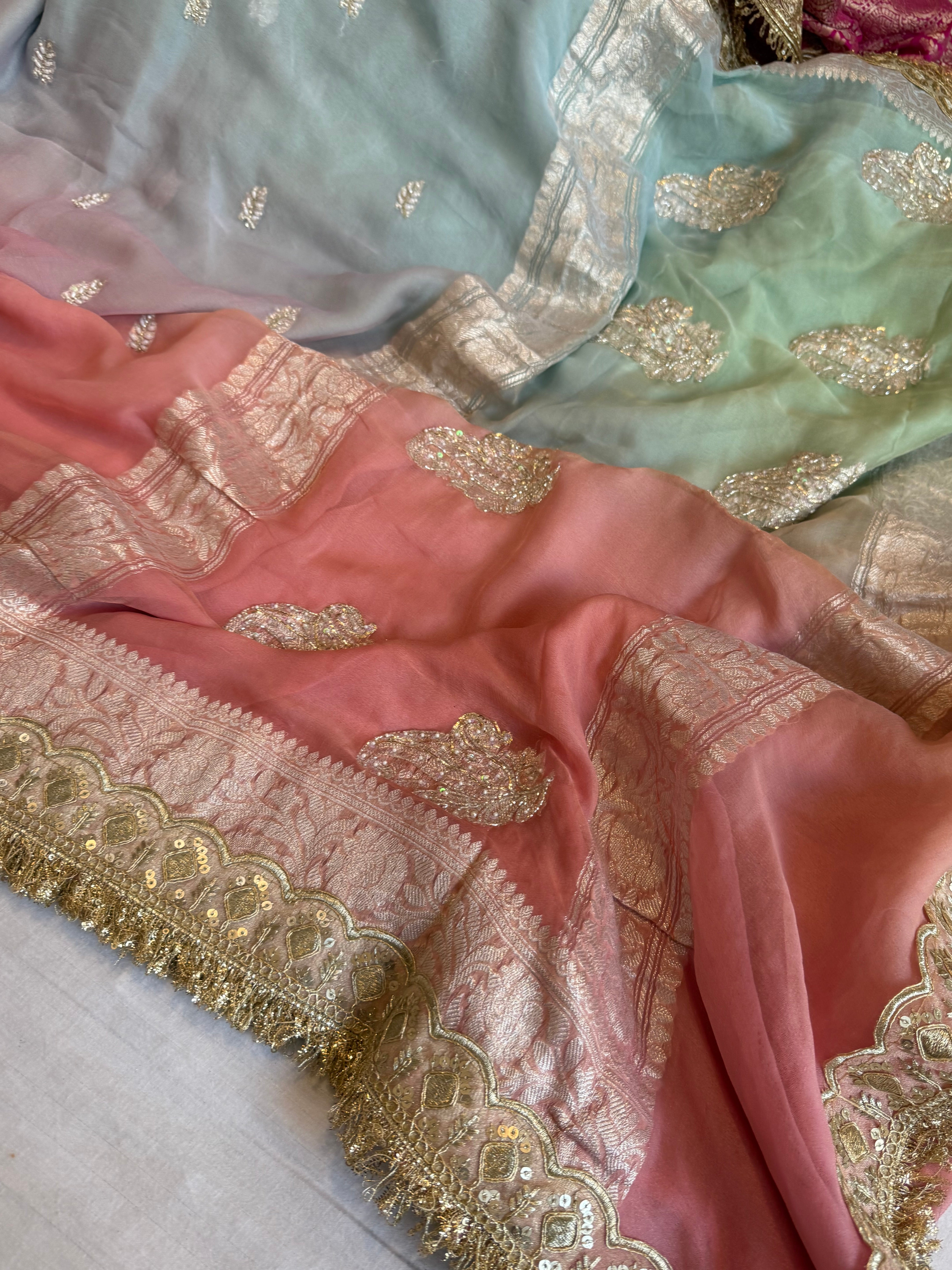 Paro banarasi chiffon gorgette hand embroidered kadhwa saree