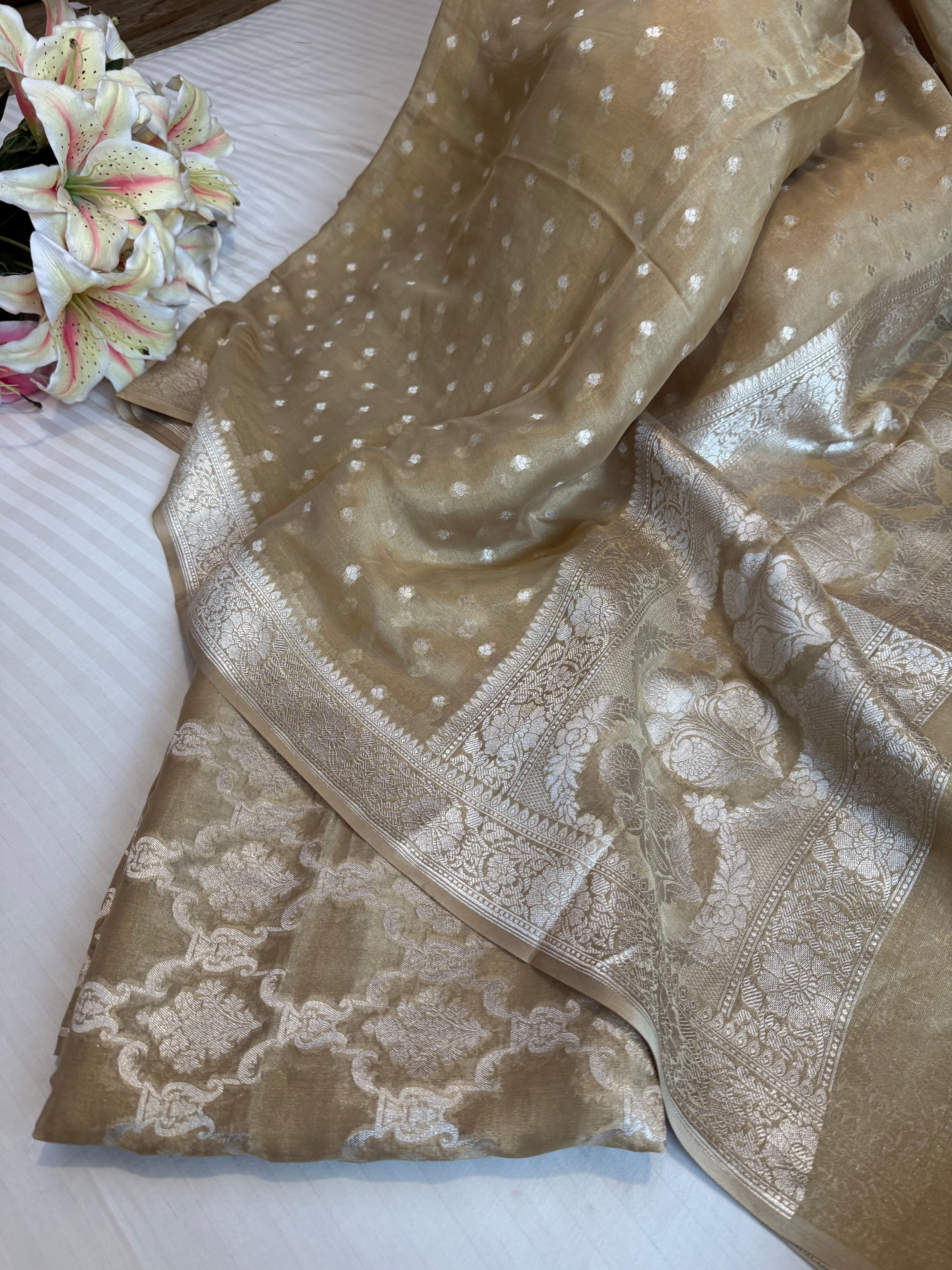 Dull golden-green banarasi tissue gorgette silver zari kadhwa suit set