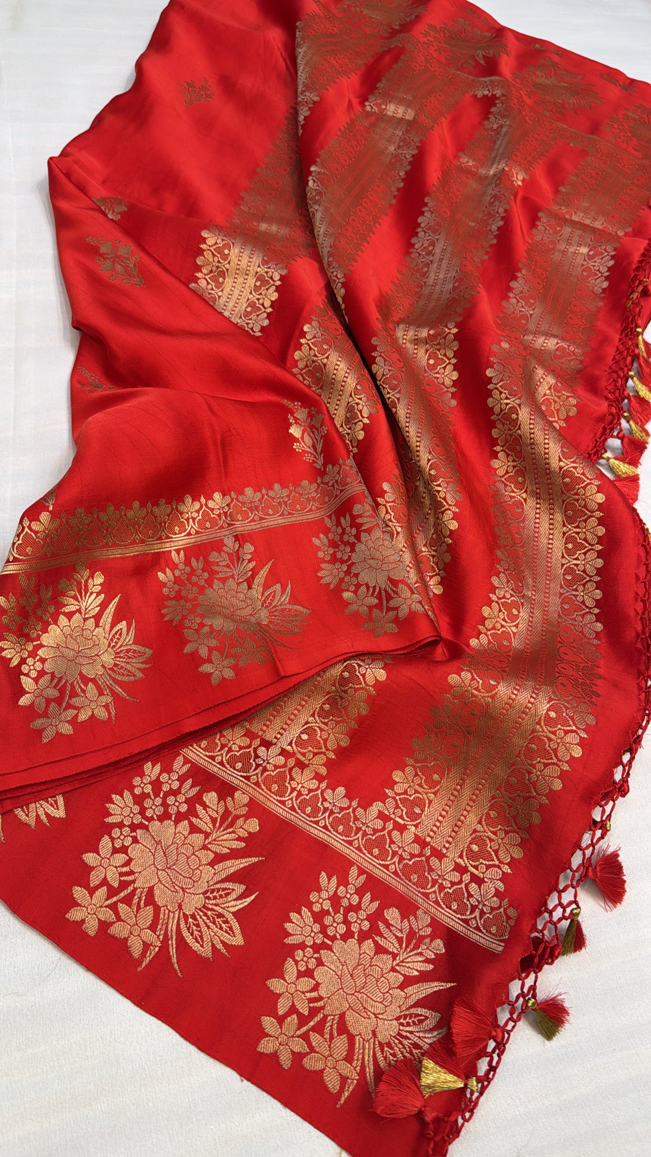 Mashru satin silk crimson red shade banarasi saree