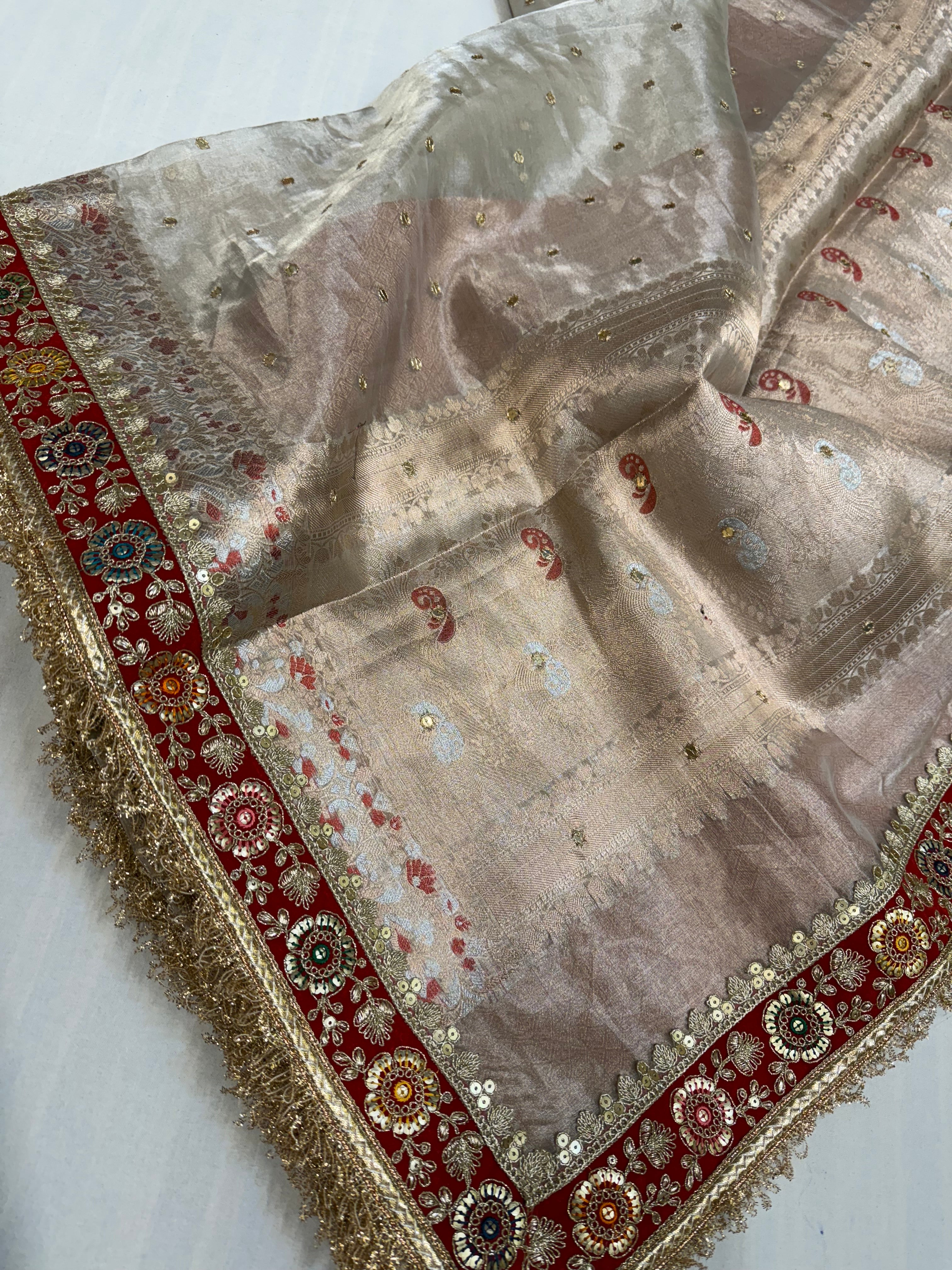 Diamond tissue silk chunri buti hand embroidered panetar saree