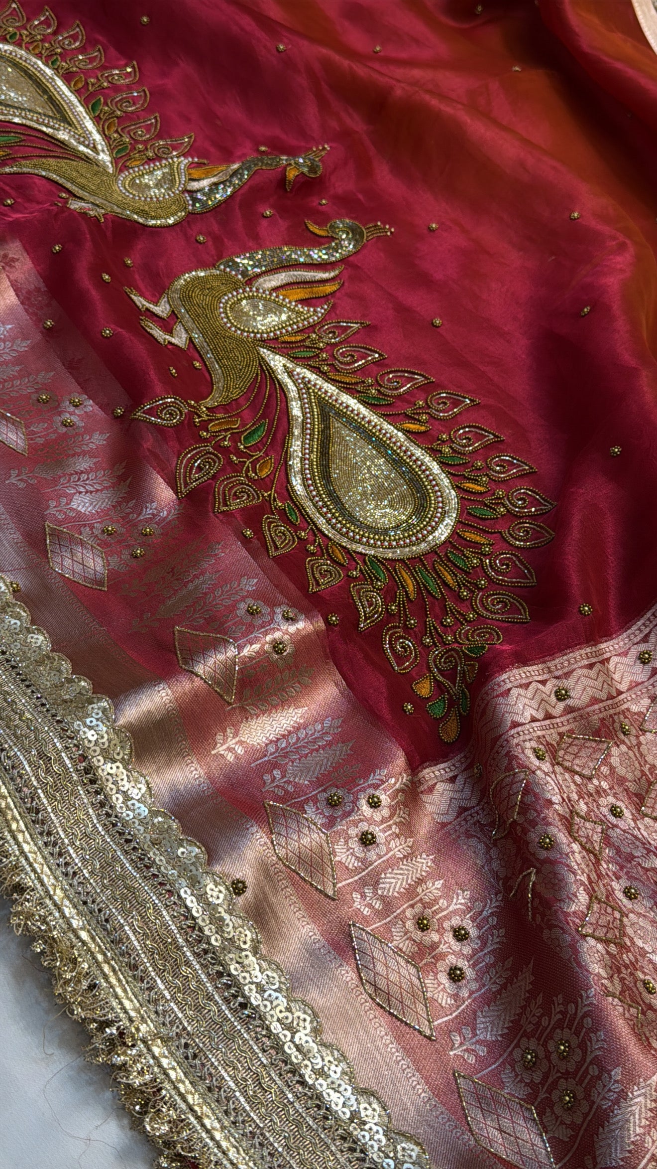 Dulhan ka joda pinkish red husn tissue silk hand embroidered kadhwa saree