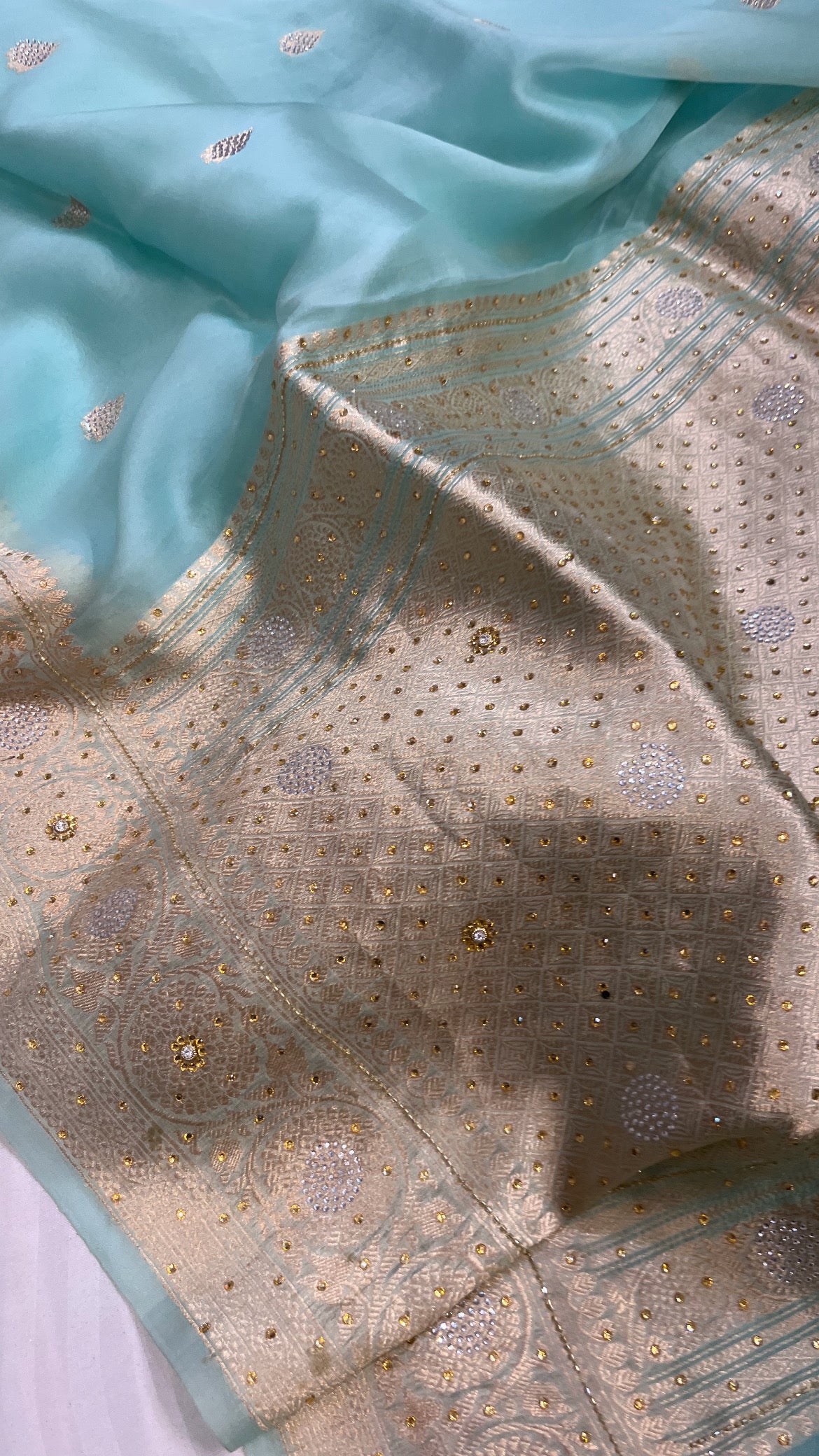 Ice blue sitara kora silk stonework saree