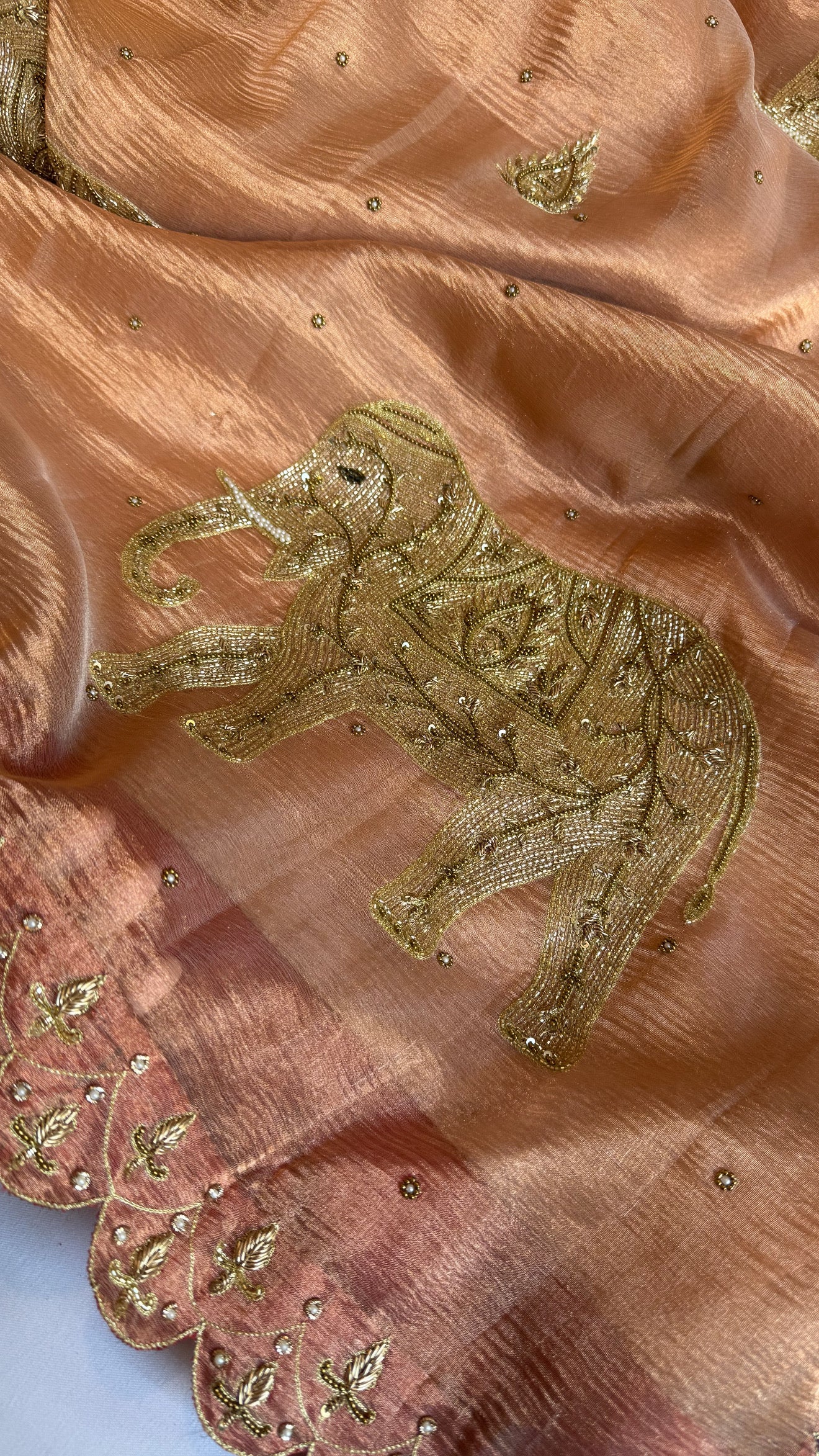 GajGamini copper crushed tissue silk elephant motif meenekari heavy hand embroidered saree