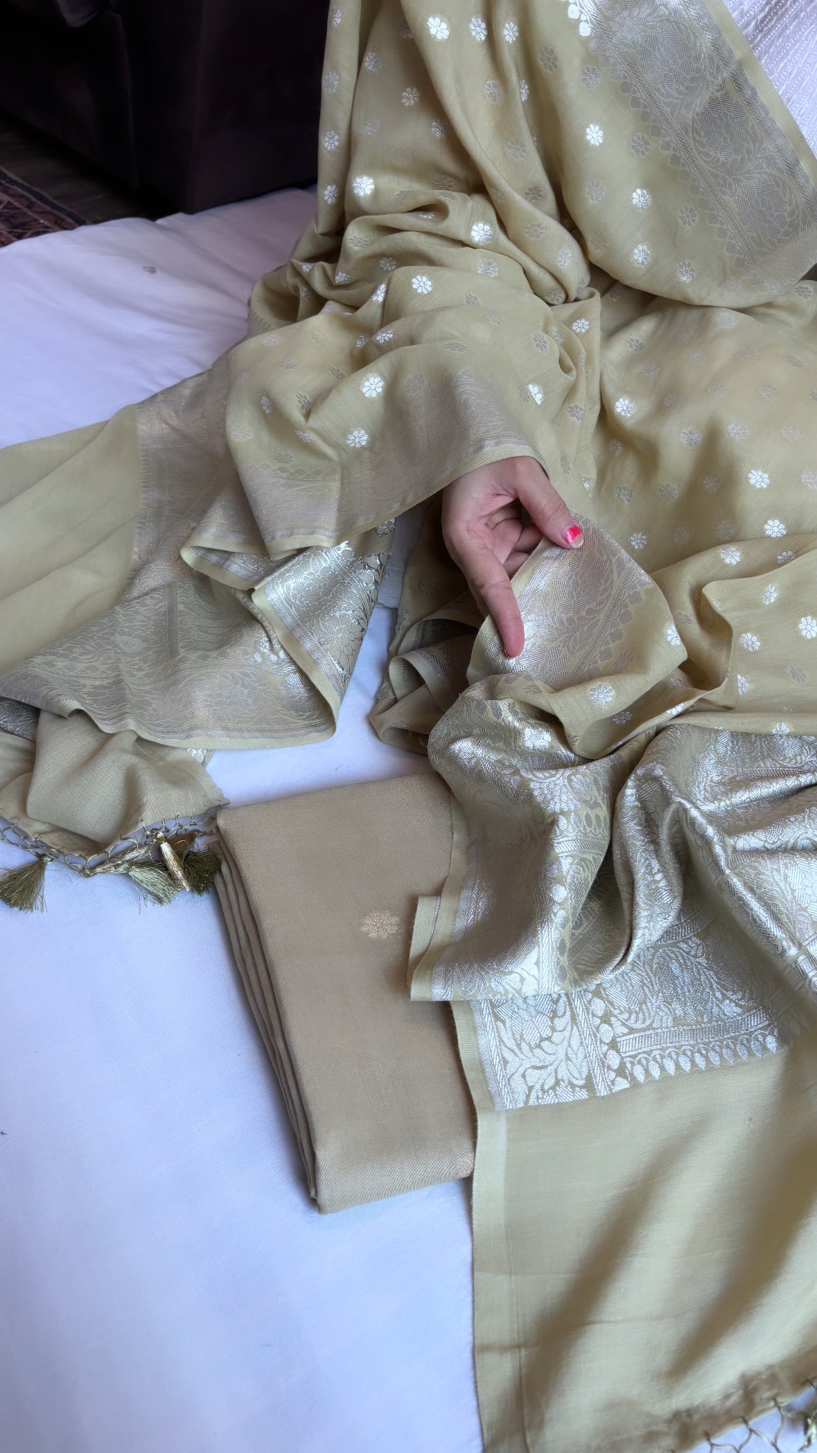 Pale olive green moonga silk kohniya buti kadhwa suit set