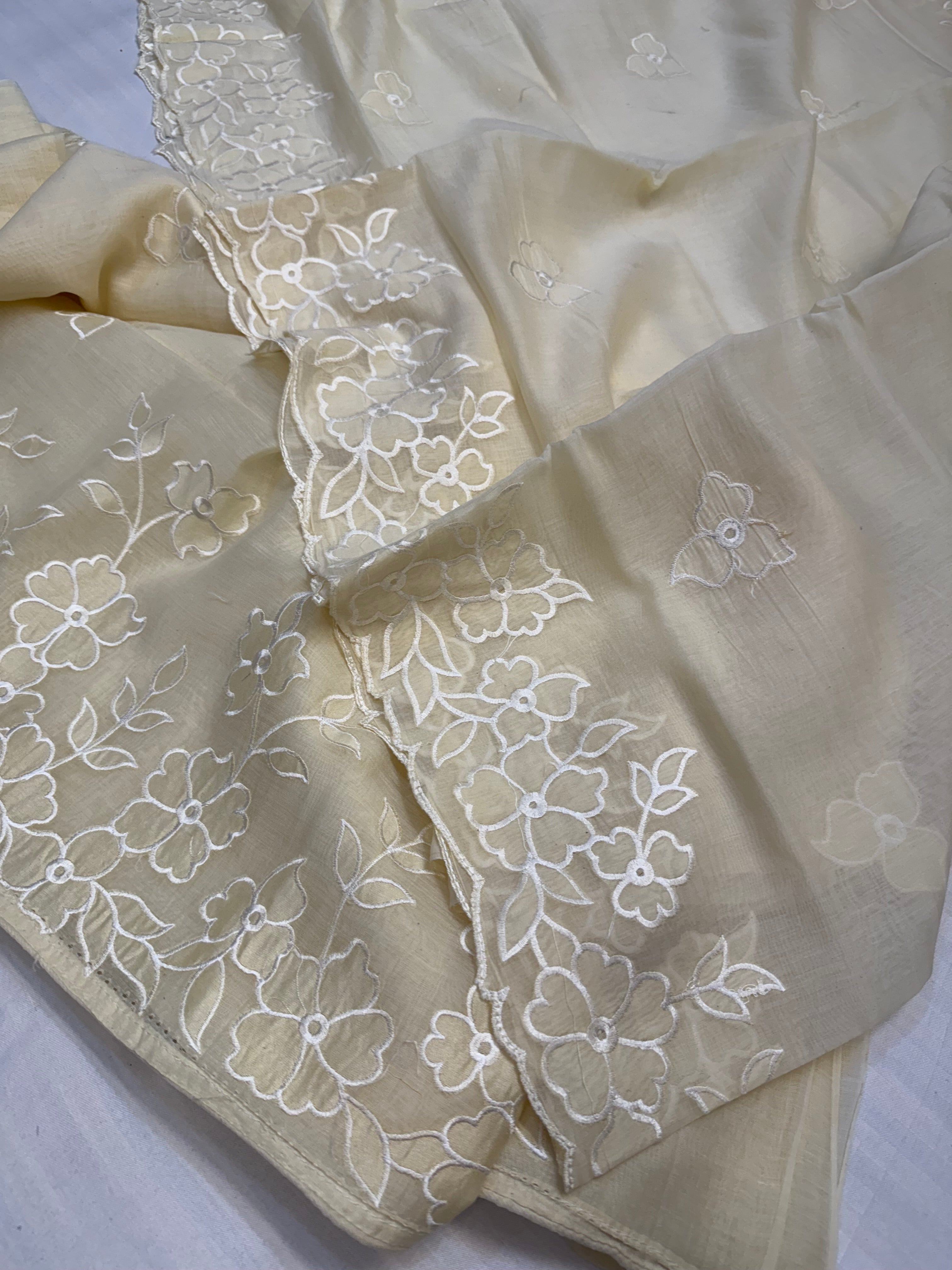 Mul cotton soft beige appliqué work kadhwa suit set