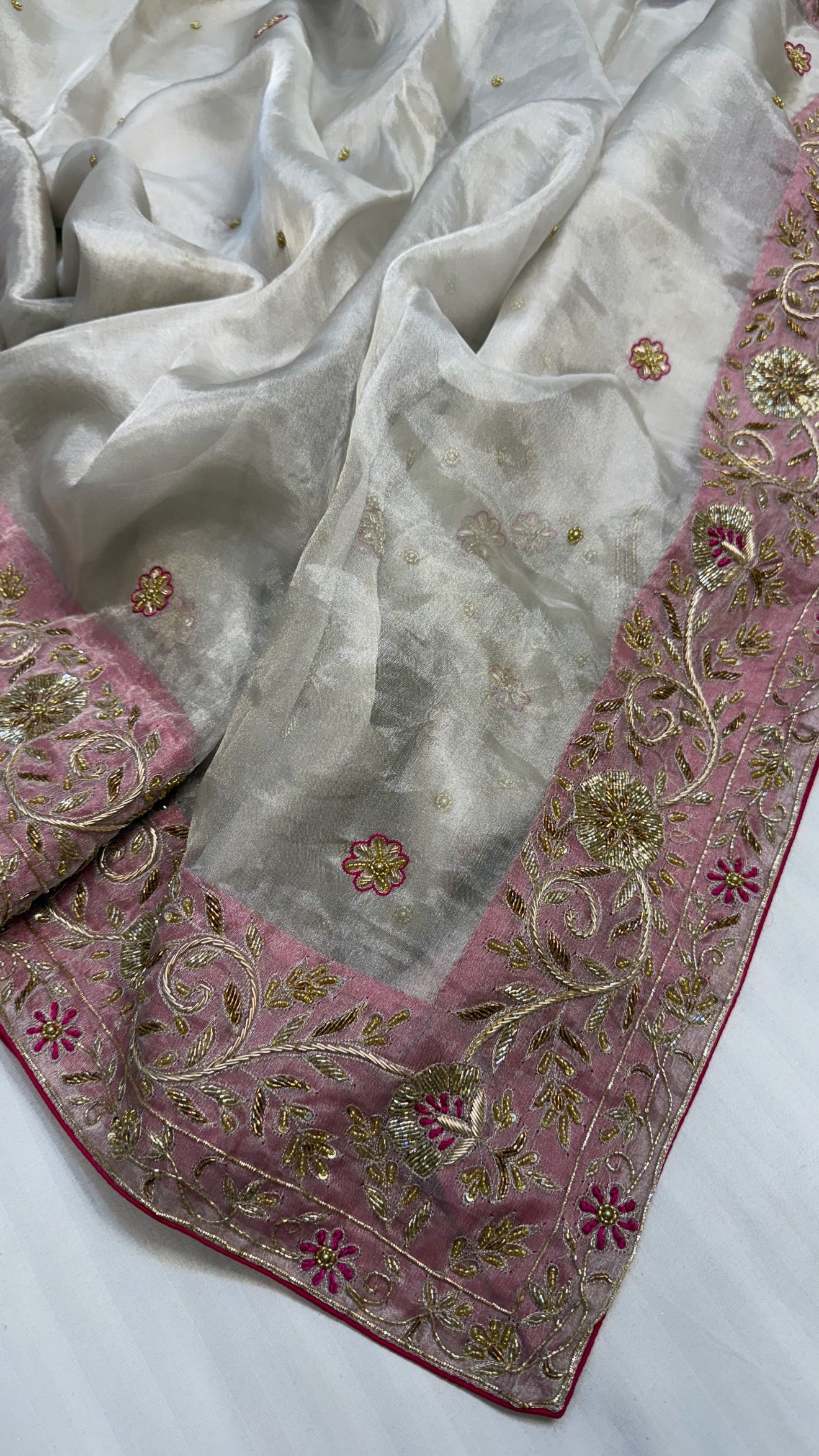 Gulab ki pankhuri husn tissue silk heavy zardozi hand embroidered border saree
