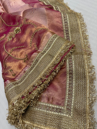 Cocktail wali saree - Rani pink tissue silk heavy hand embroidered saree