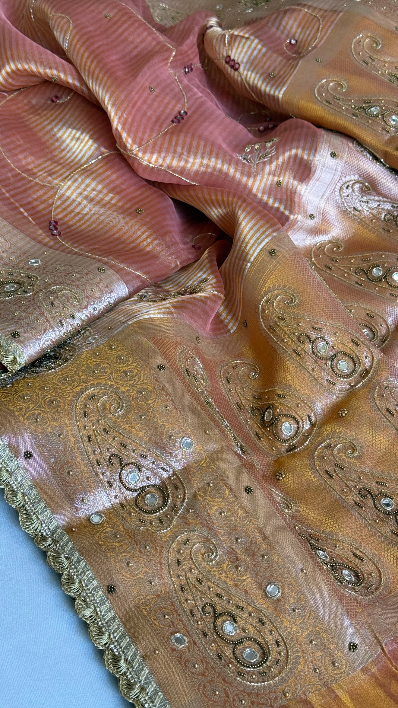 Begum bano Mirror work ambi motif peach striped tissue silk hand embroidered saree