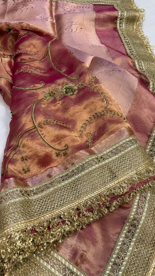 Cocktail wali saree - Rani pink tissue silk heavy hand embroidered saree