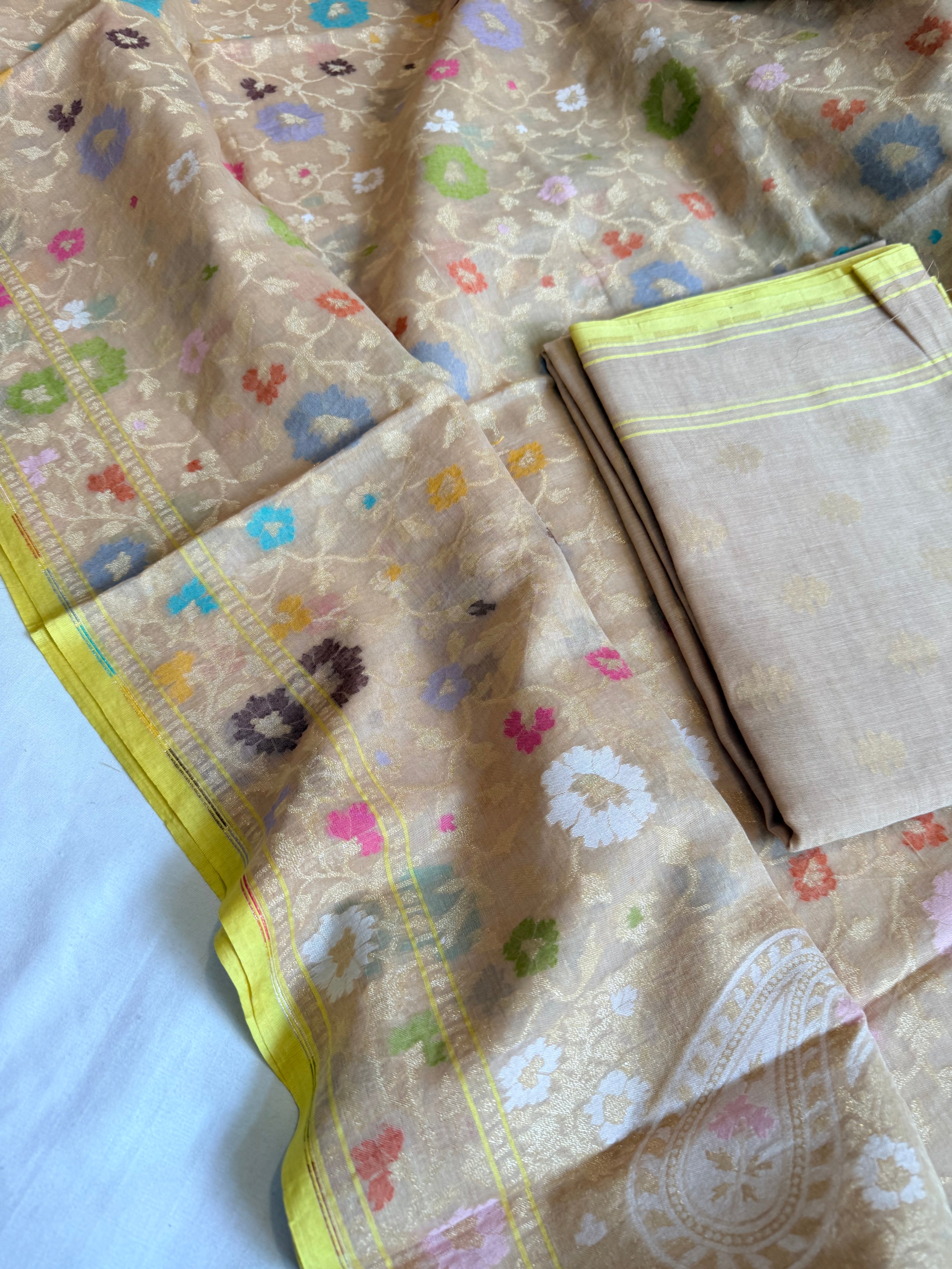 Banarasi iktara jamdani beige sona rupa kadhwa suit set