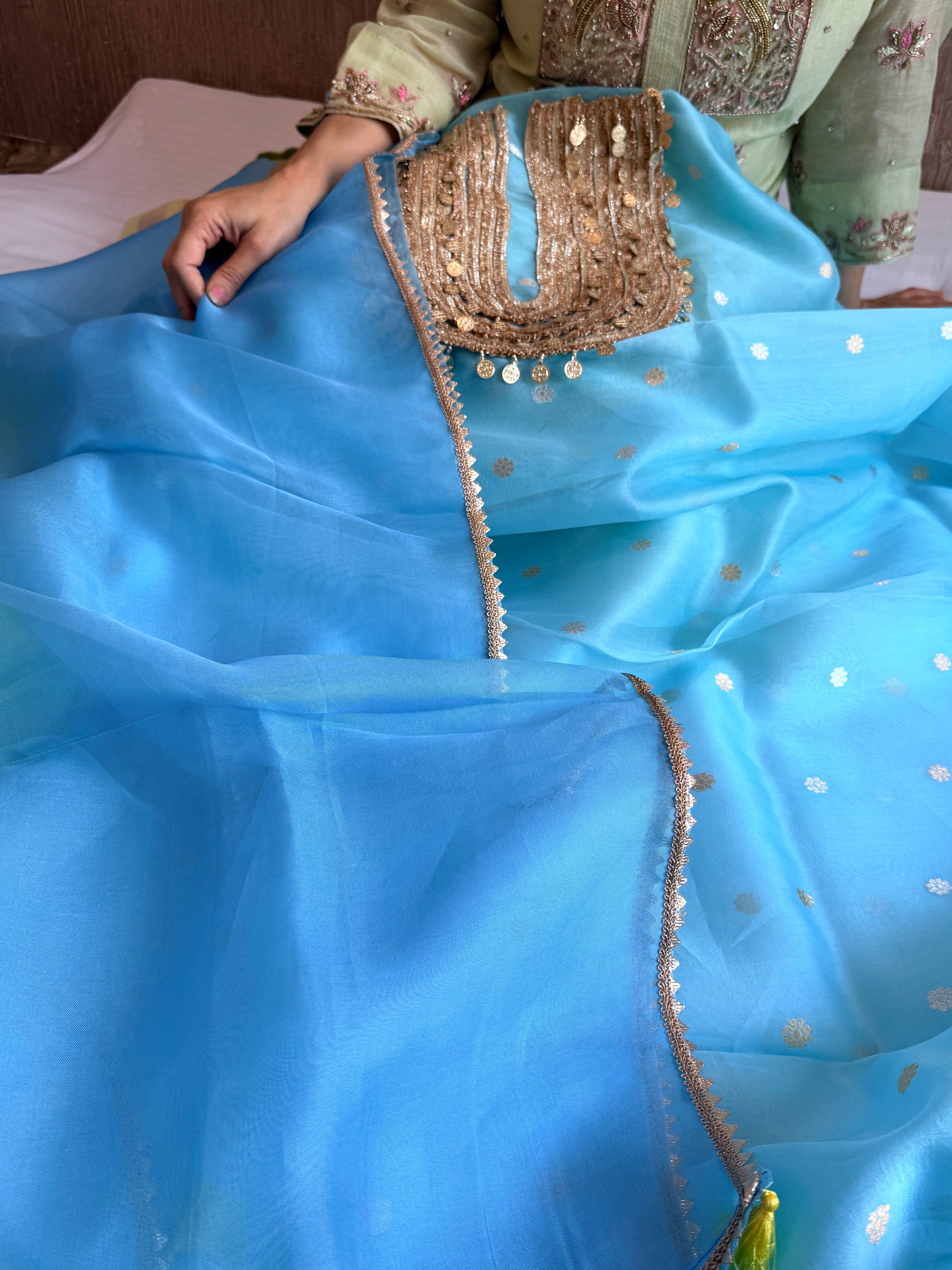 Coinwork banarasi kora silk firozi blue kadhwa suit set